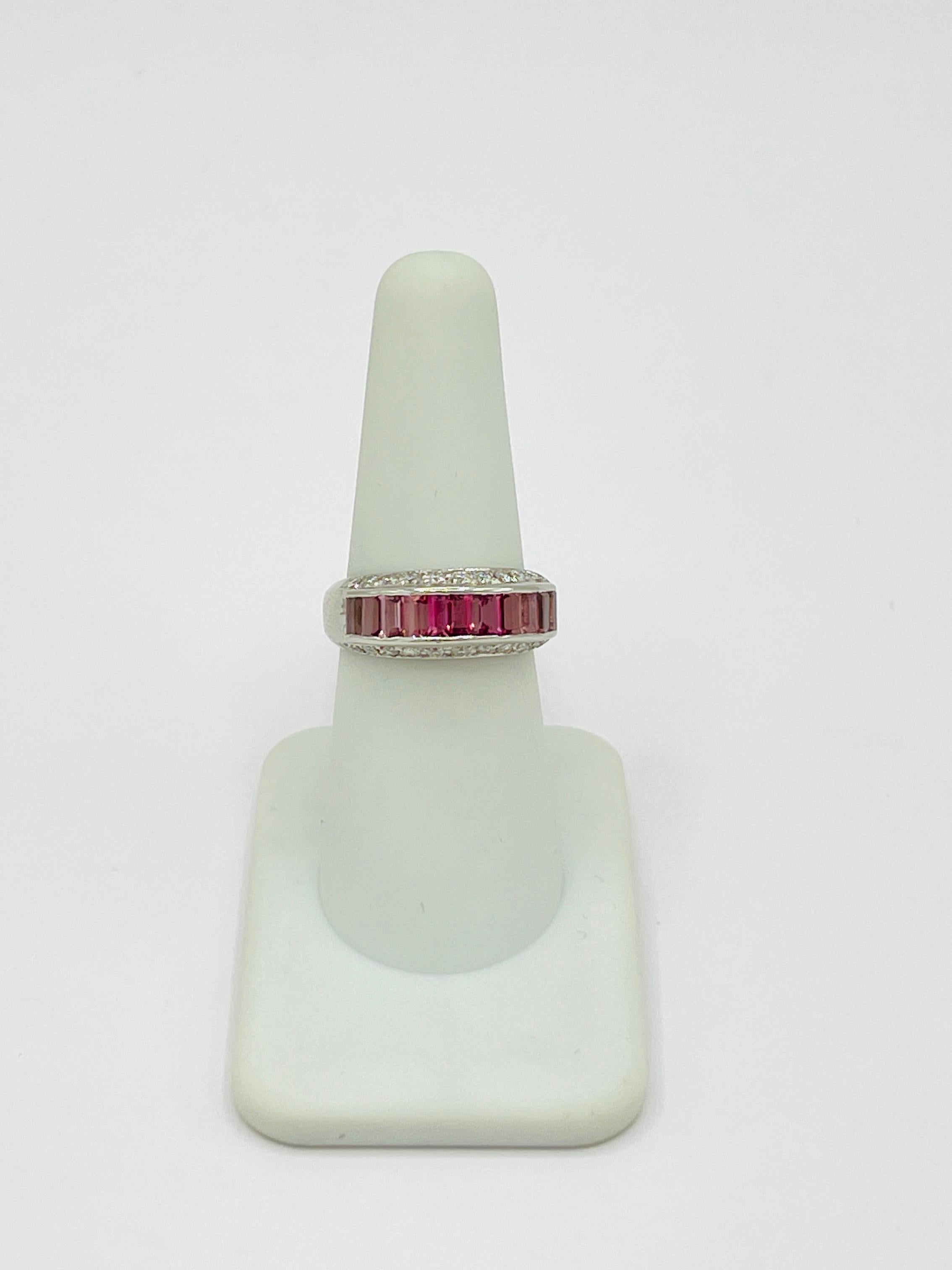 Pink Tourmaline Baguette and White Diamond Round Ring in Platinum 1