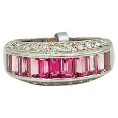 Pink Tourmaline Baguette and White Diamond Round Ring in Platinum