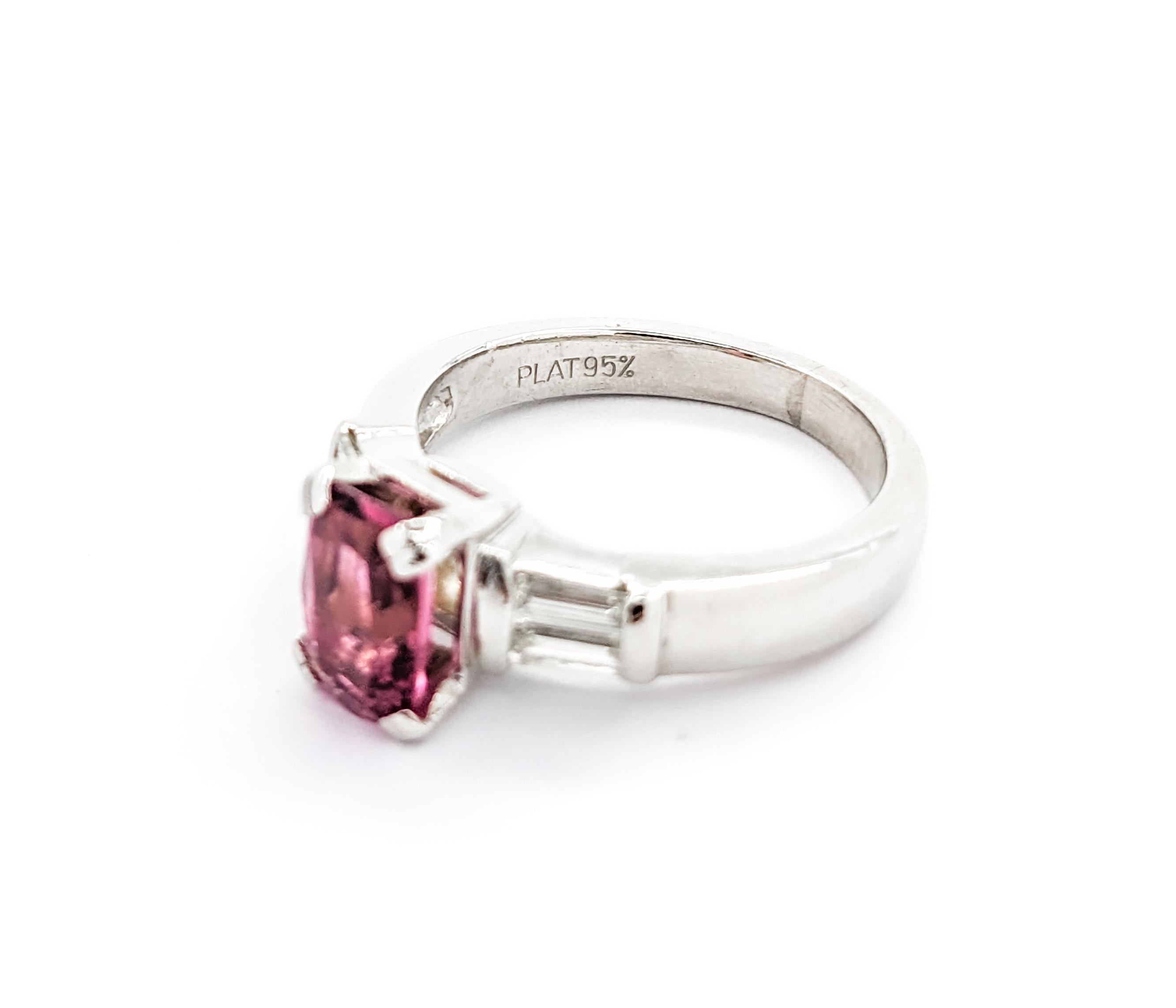 Pink Tourmaline & Baguette Diamond Ring in Platinum For Sale 4