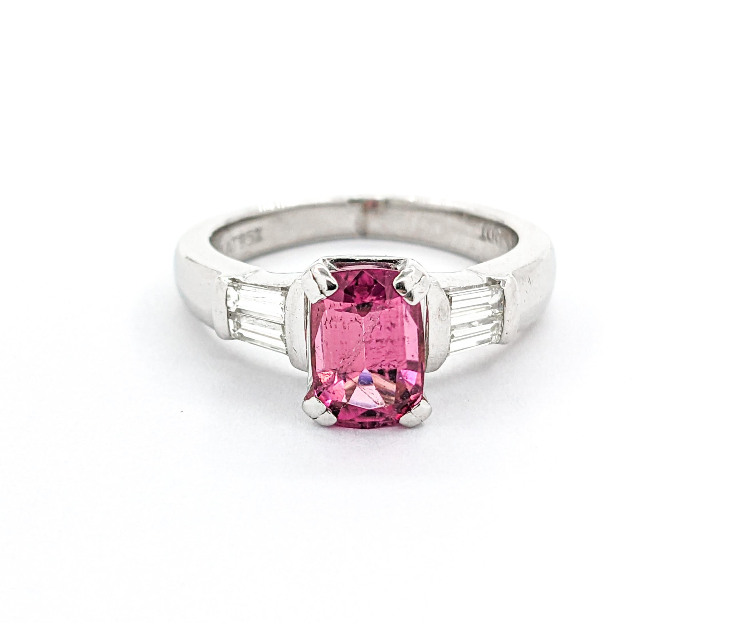 Pink Tourmaline & Baguette Diamond Ring in Platinum For Sale 5