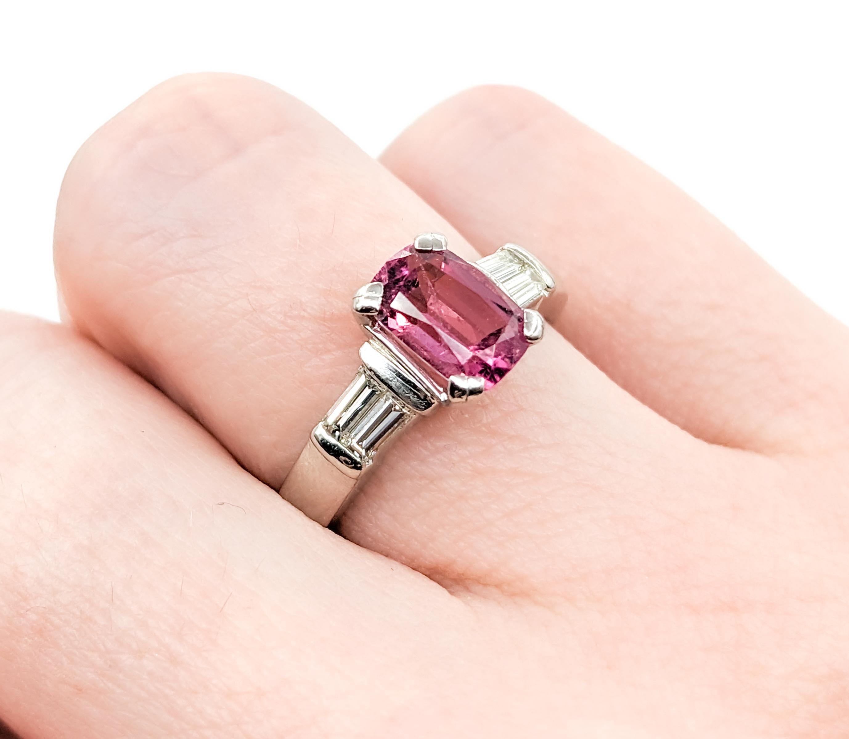 Contemporary Pink Tourmaline & Baguette Diamond Ring in Platinum For Sale