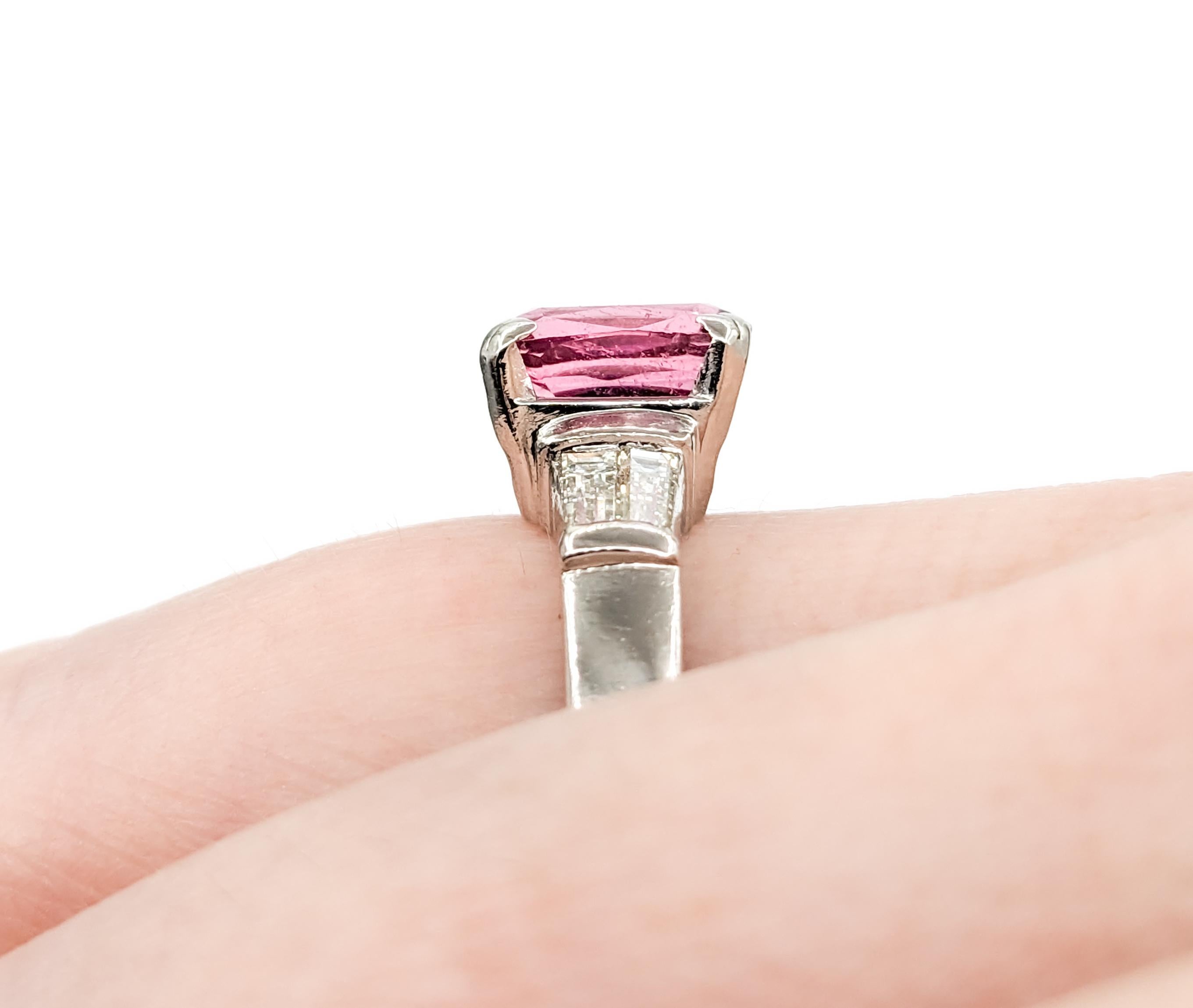 Baguette Cut Pink Tourmaline & Baguette Diamond Ring in Platinum For Sale