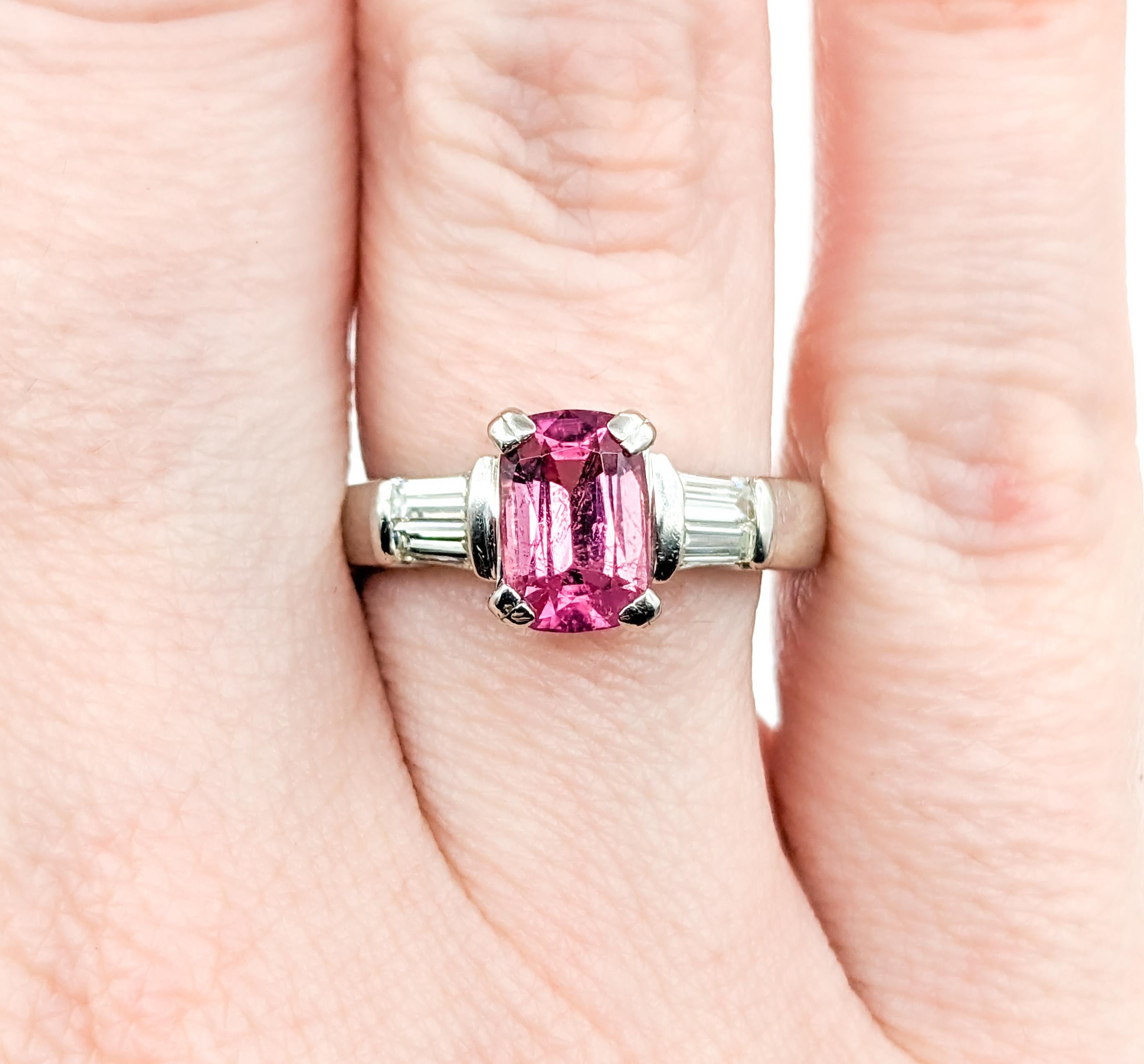 Pink Tourmaline & Baguette Diamond Ring in Platinum In Excellent Condition For Sale In Bloomington, MN