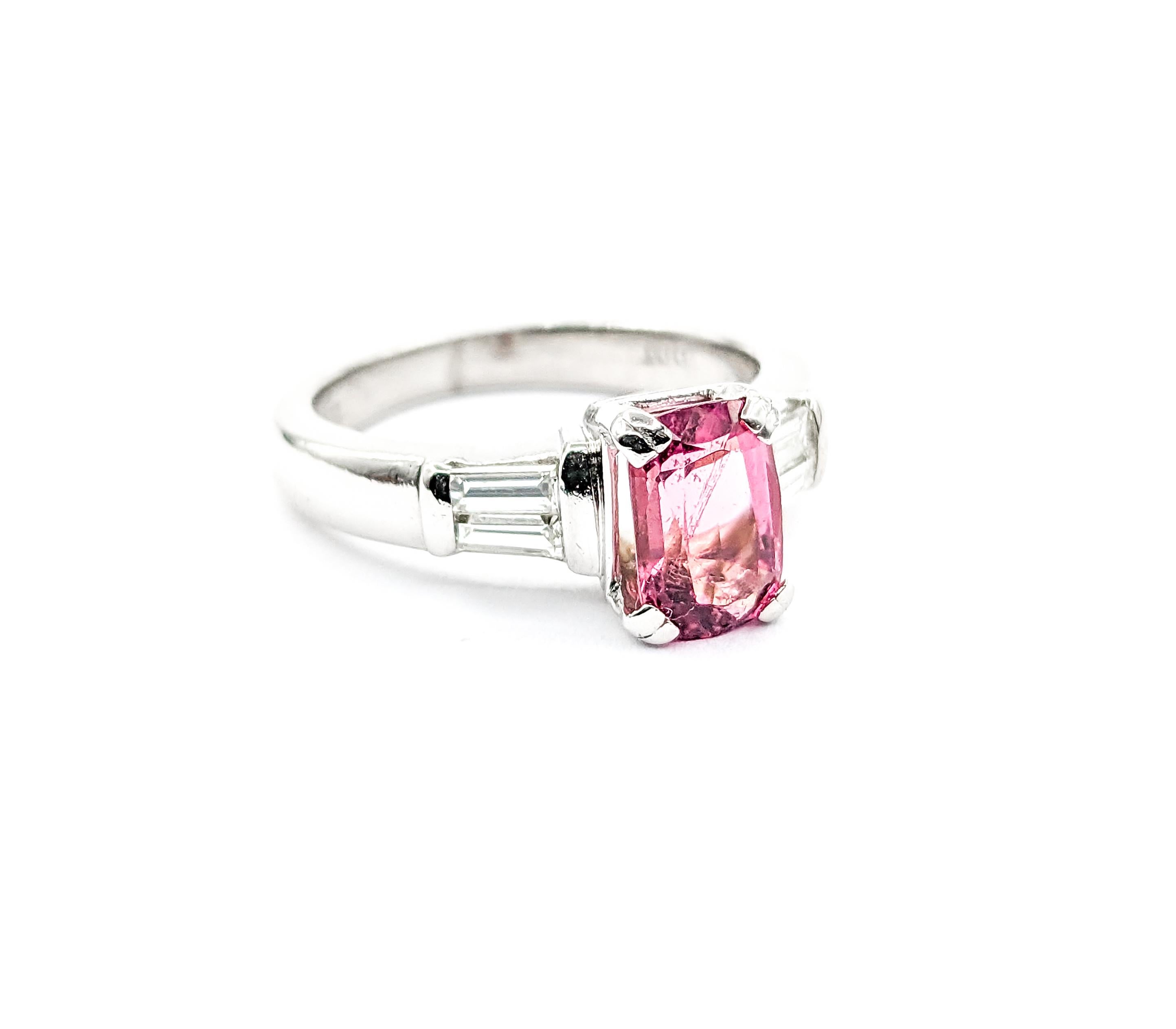 Women's Pink Tourmaline & Baguette Diamond Ring in Platinum For Sale