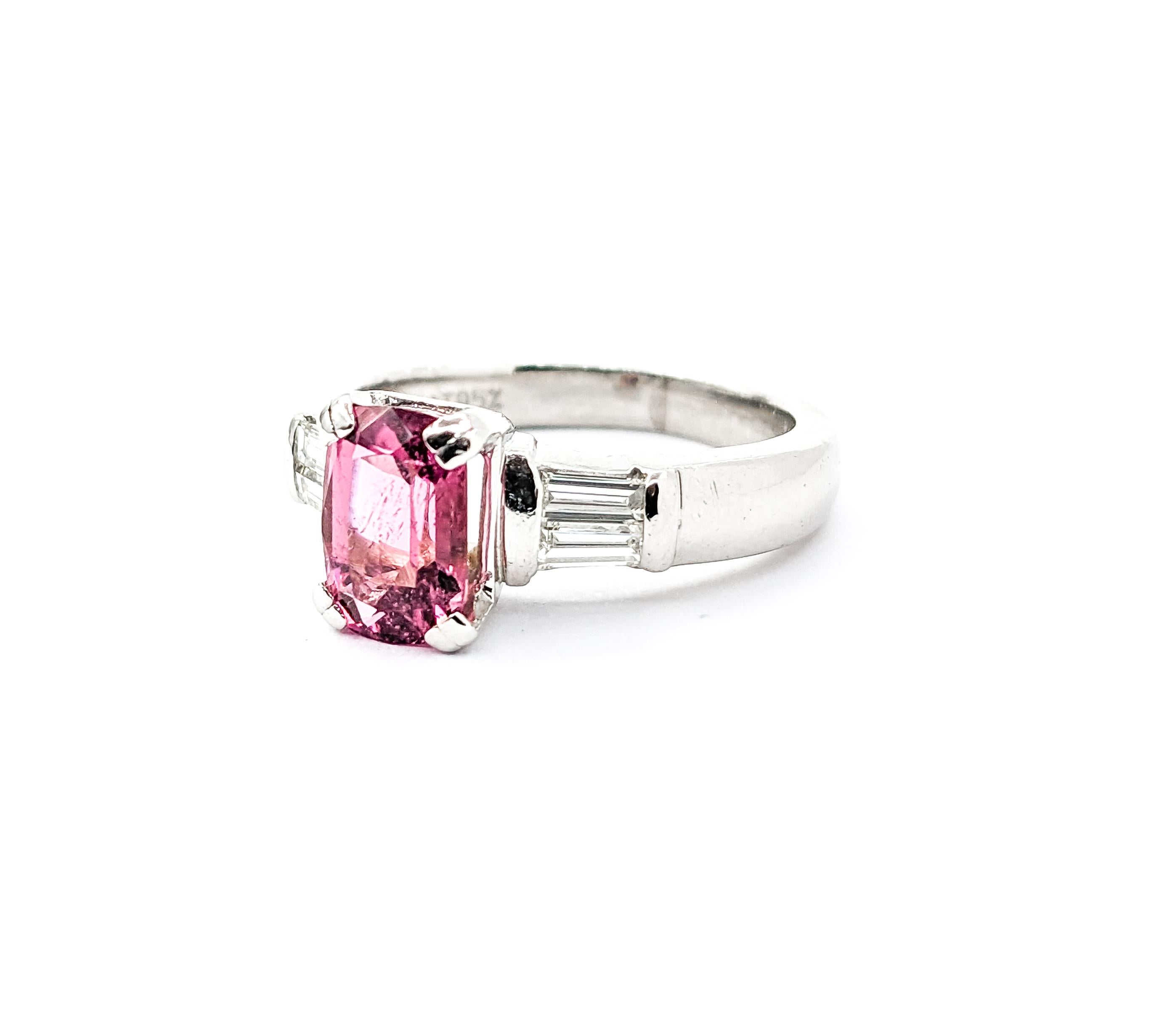 Pink Tourmaline & Baguette Diamond Ring in Platinum For Sale 3