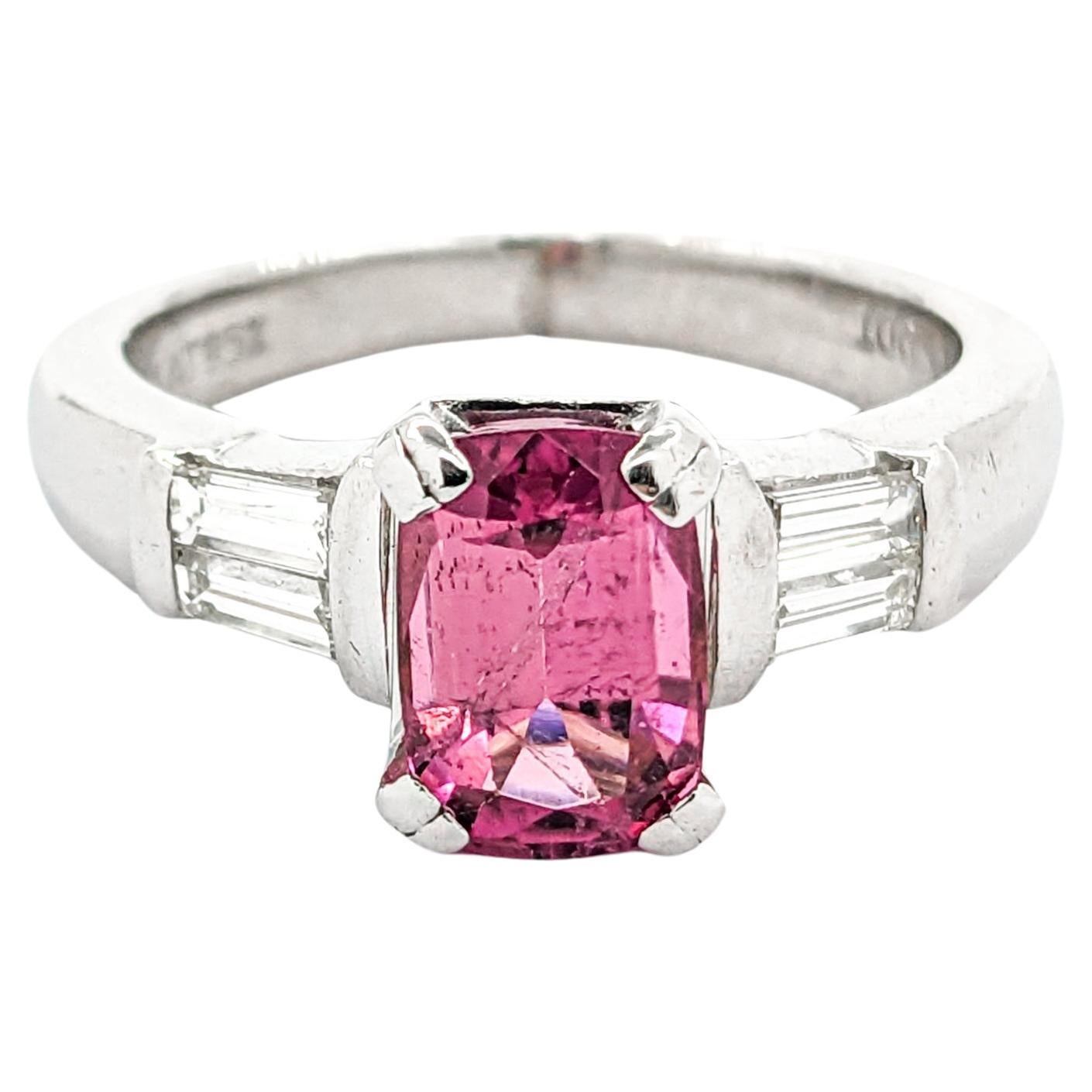 Pink Tourmaline & Baguette Diamond Ring in Platinum For Sale