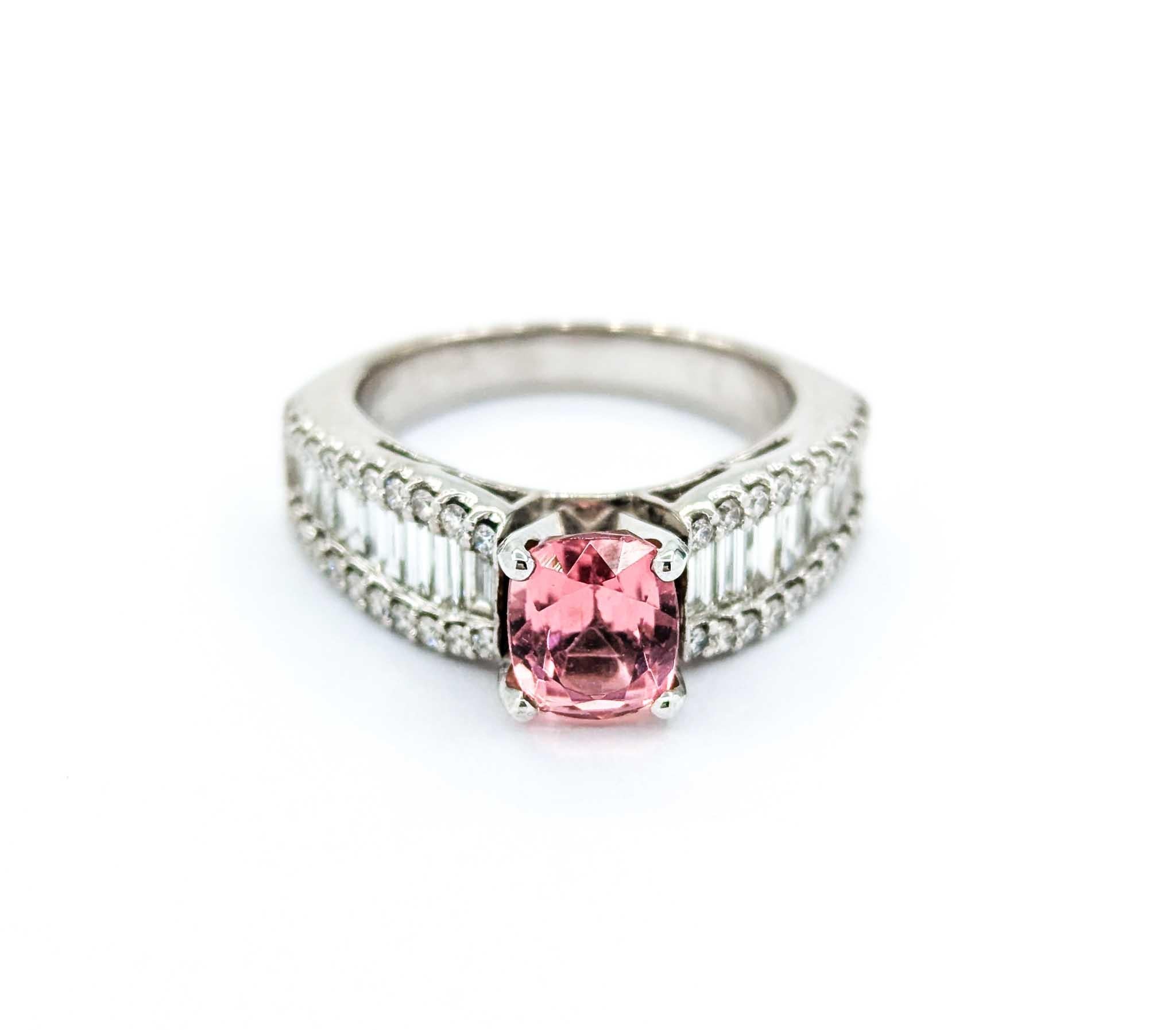Pink Tourmaline & Baguette Diamond Ring in White Gold For Sale 4