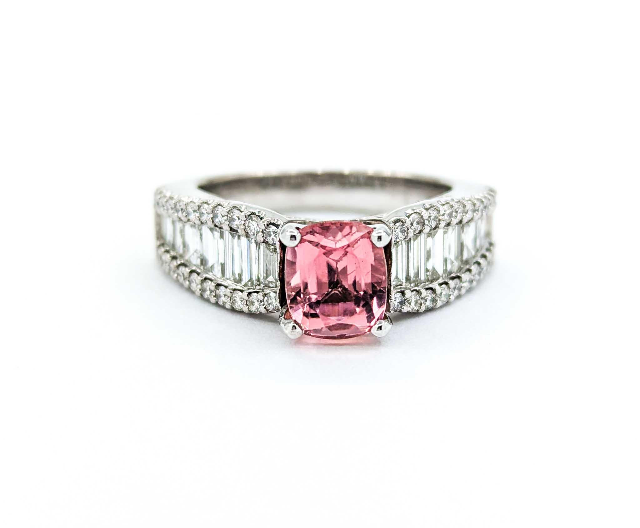 Pink Tourmaline & Baguette Diamond Ring in White Gold For Sale 5