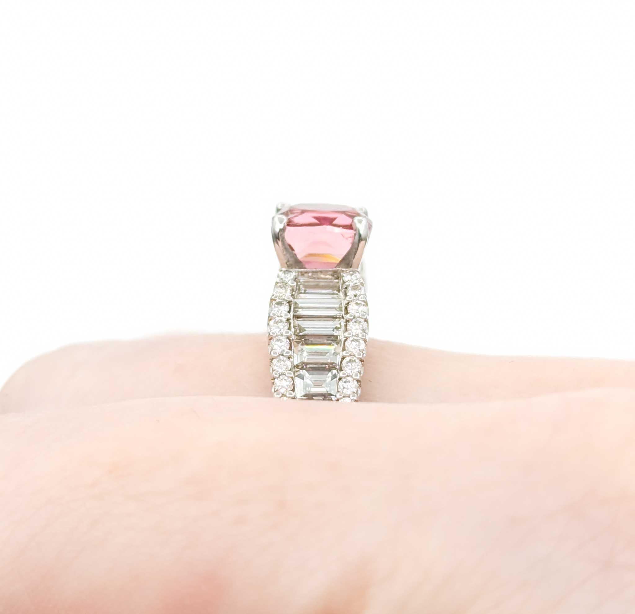 Pink Tourmaline & Baguette Diamond Ring in White Gold For Sale 6