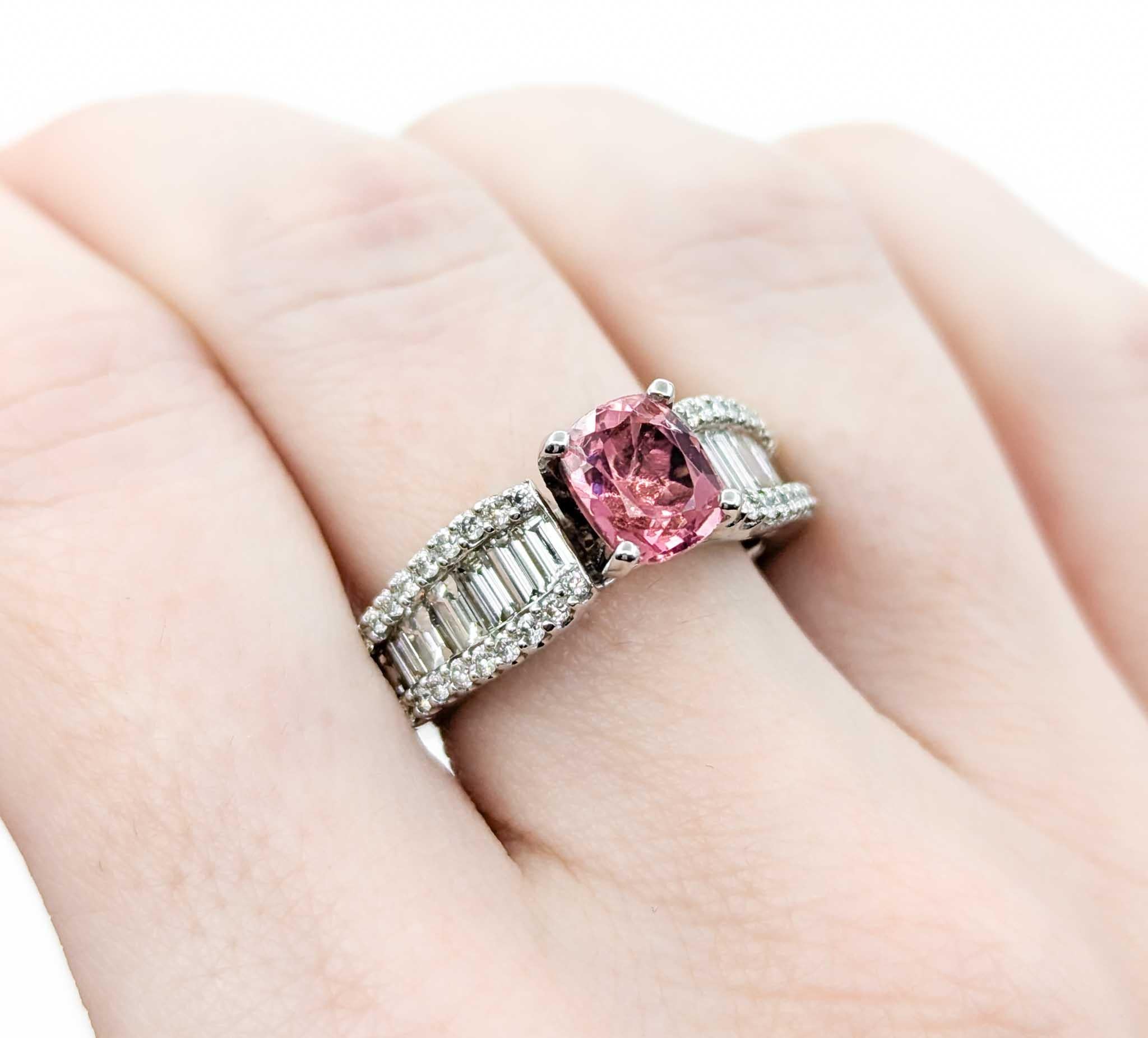 Pink Tourmaline & Baguette Diamond Ring in White Gold For Sale 7