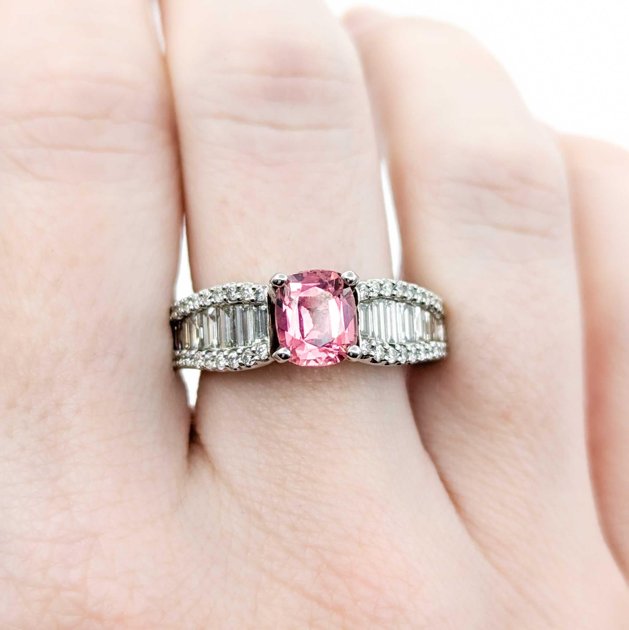 Pink Tourmaline & Baguette Diamond Ring in White Gold For Sale 8