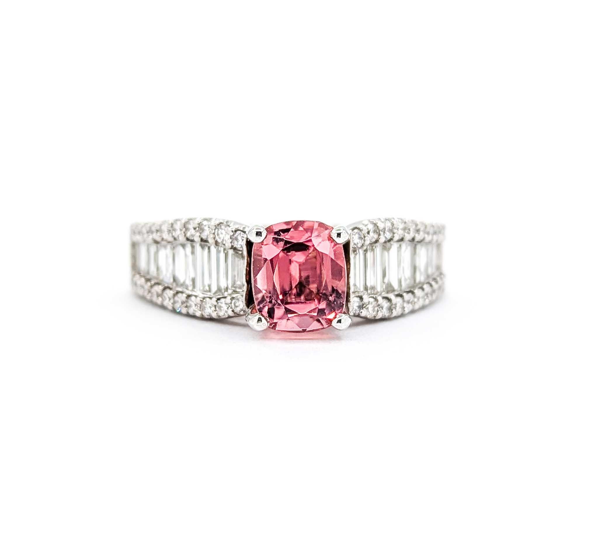 Contemporary Pink Tourmaline & Baguette Diamond Ring in White Gold For Sale