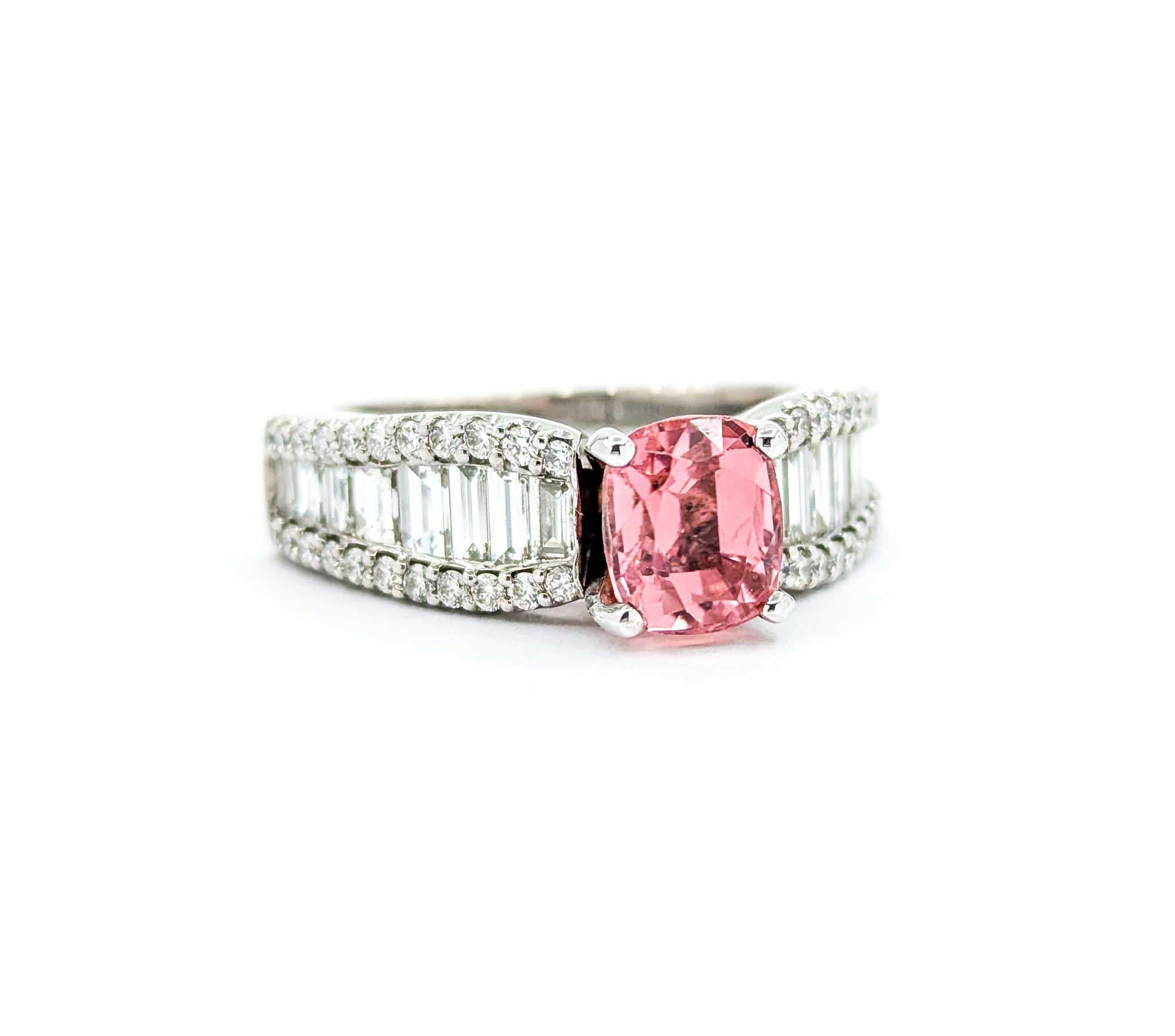 Cushion Cut Pink Tourmaline & Baguette Diamond Ring in White Gold For Sale