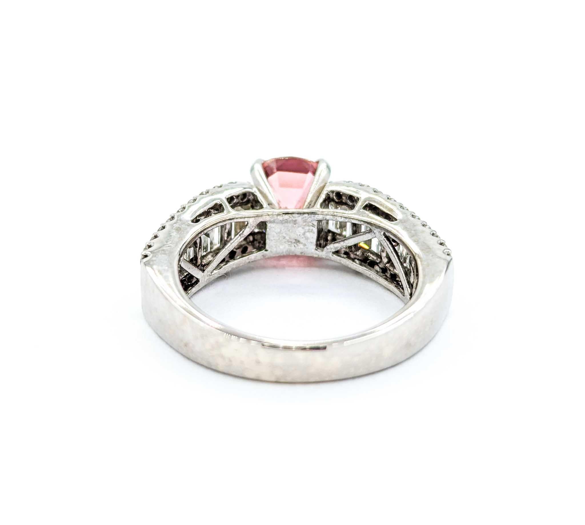Women's Pink Tourmaline & Baguette Diamond Ring in White Gold For Sale