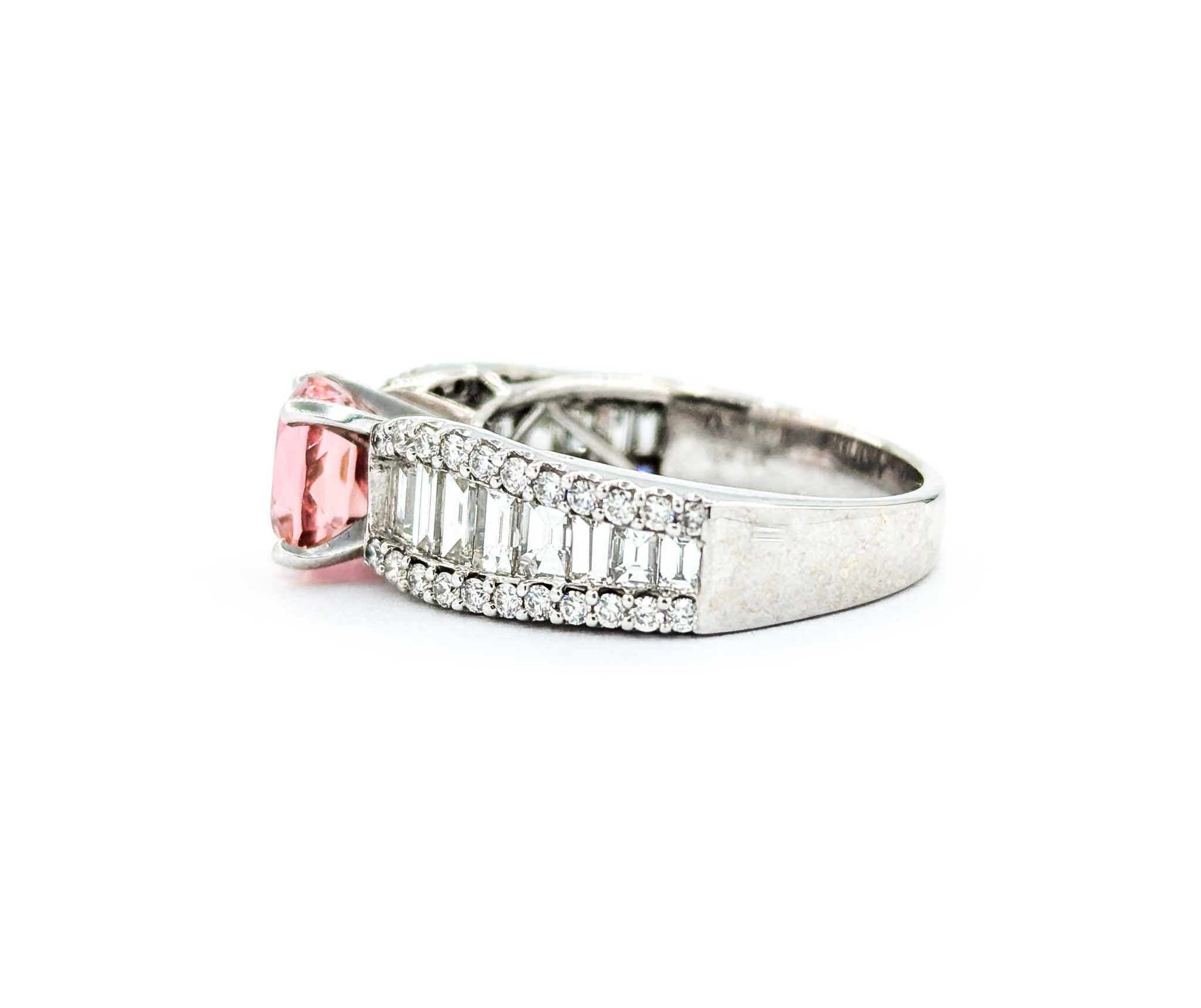 Pink Tourmaline & Baguette Diamond Ring in White Gold For Sale 1