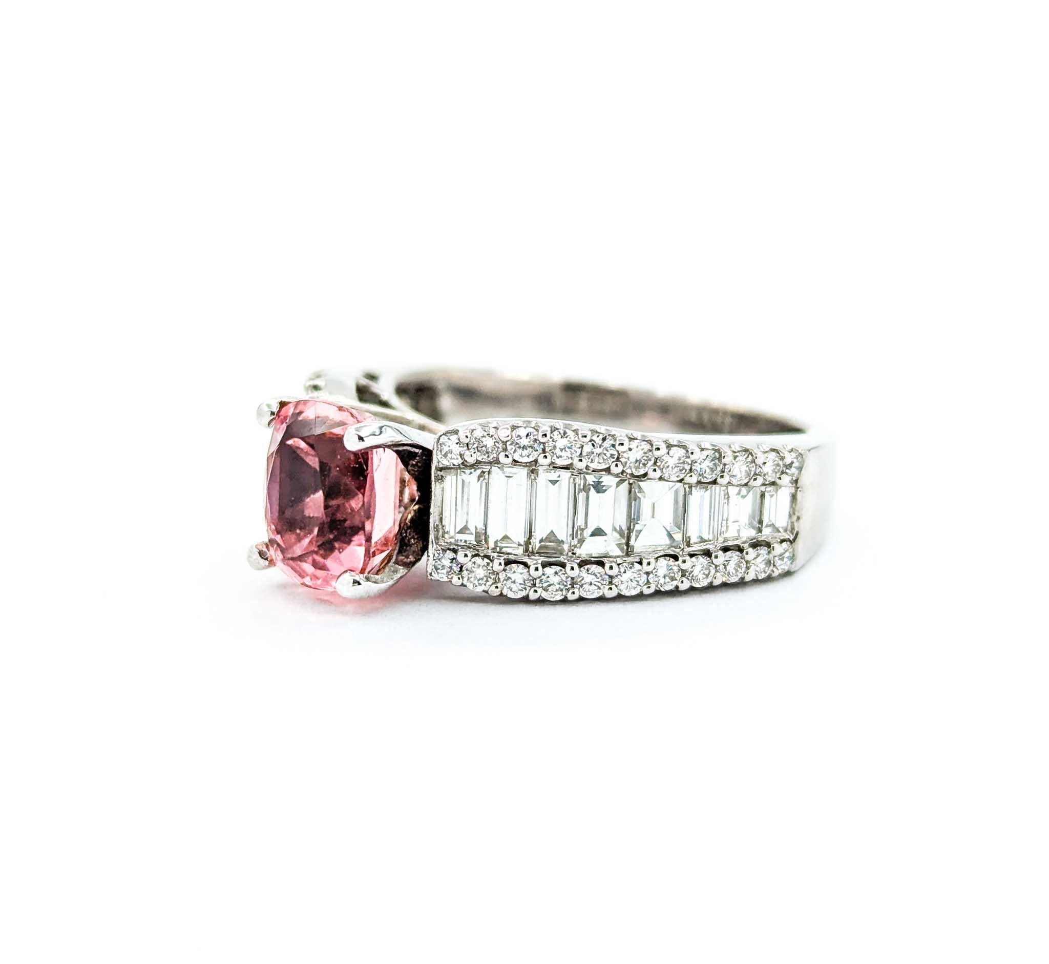 Pink Tourmaline & Baguette Diamond Ring in White Gold For Sale 2