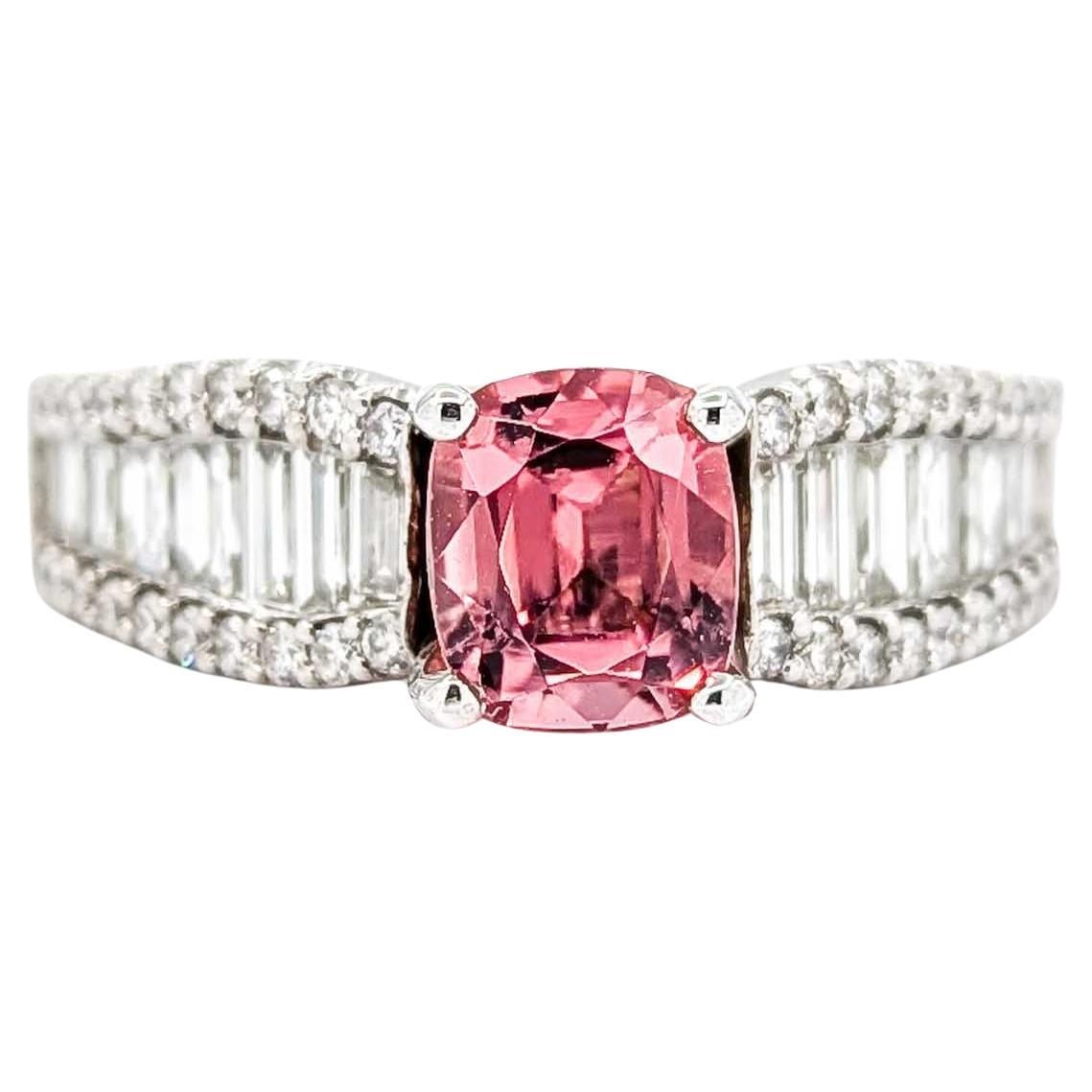 Pink Tourmaline & Baguette Diamond Ring in White Gold