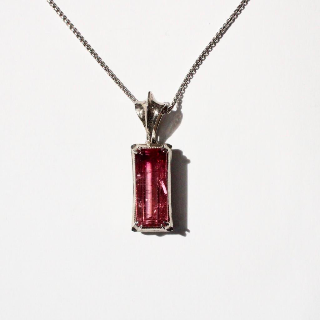 Artisan Pink Tourmaline Baguette Pendant Necklace in 14 Karat White Gold For Sale