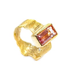 Pink Tourmaline Baguette Wide Gold Ring