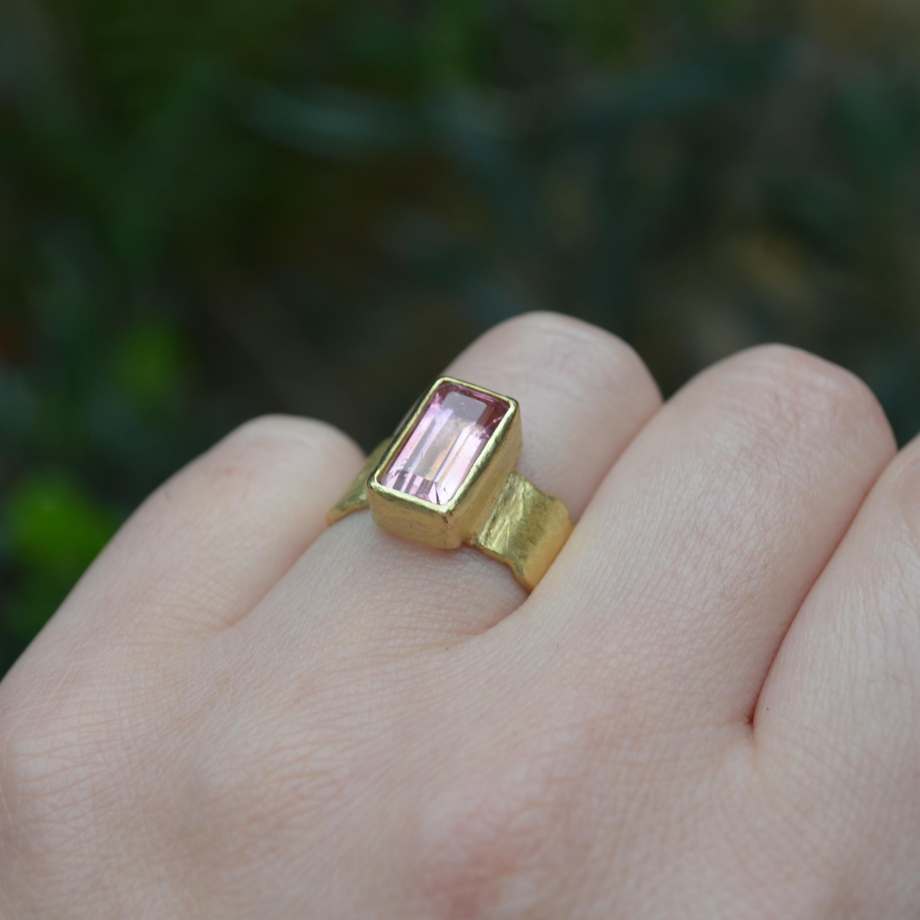 Contemporary Pink Tourmaline Baguette Wide Gold Ring For Sale