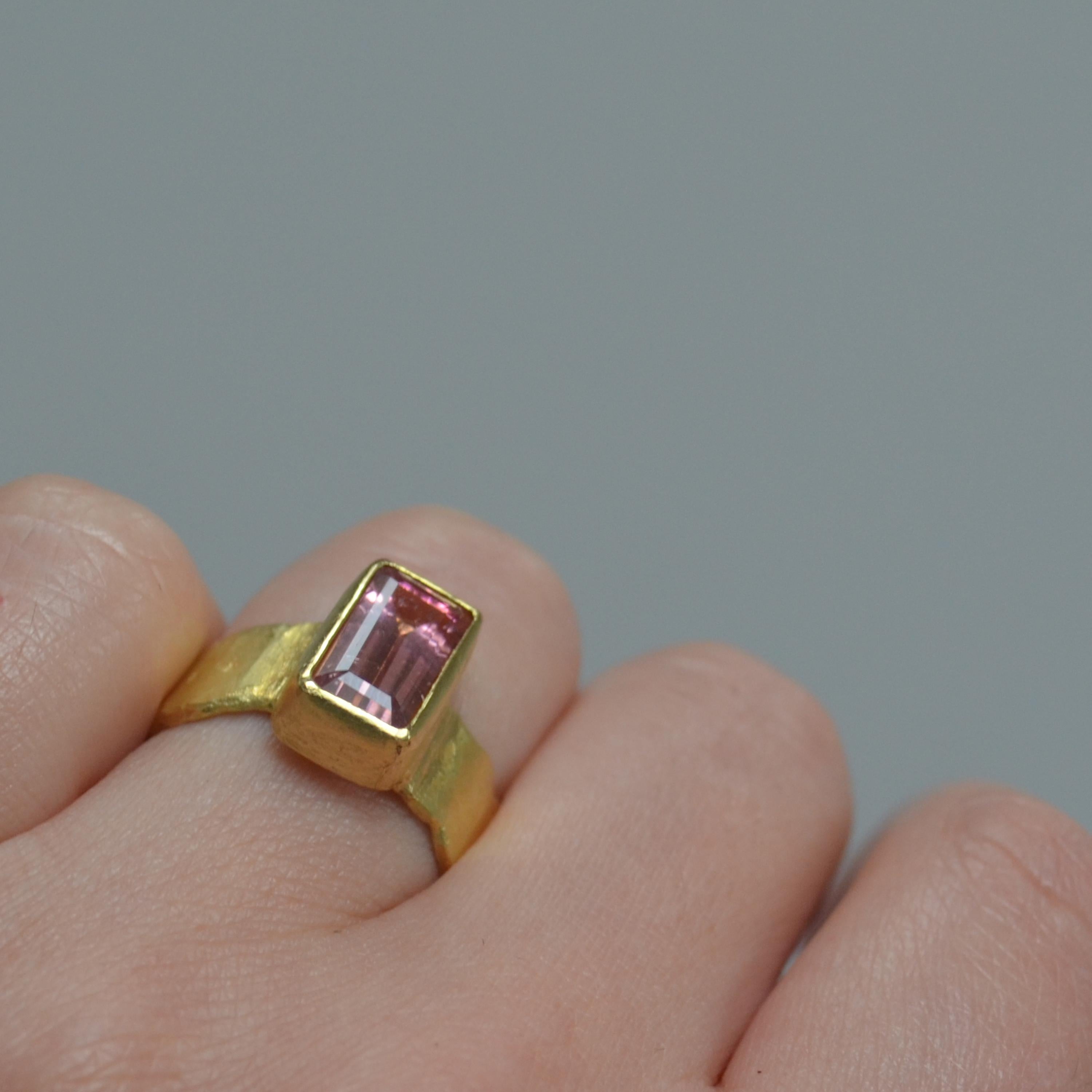 Baguette Cut Pink Tourmaline Baguette Wide Gold Ring For Sale