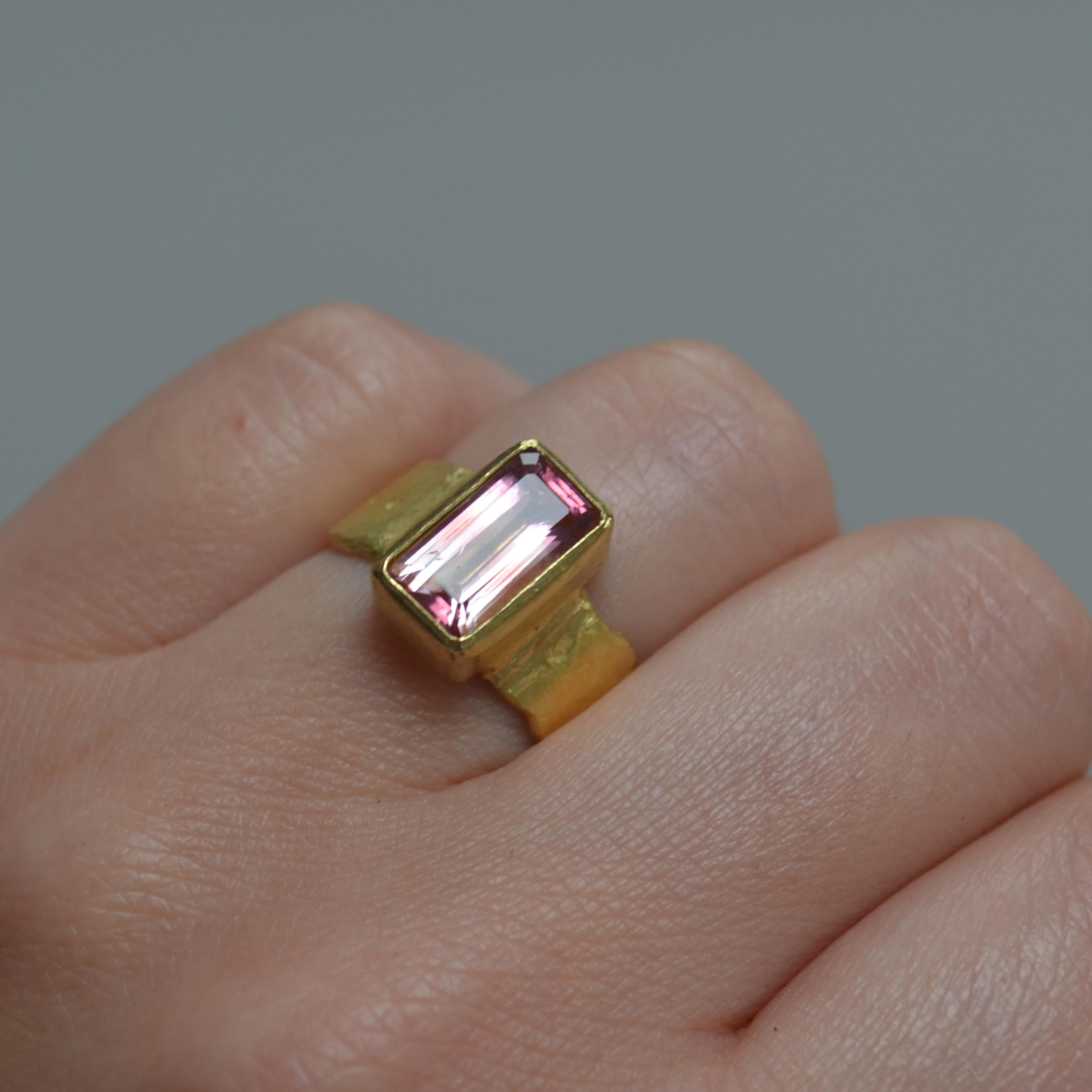 Women's or Men's Pink Tourmaline Baguette Wide Gold Ring For Sale