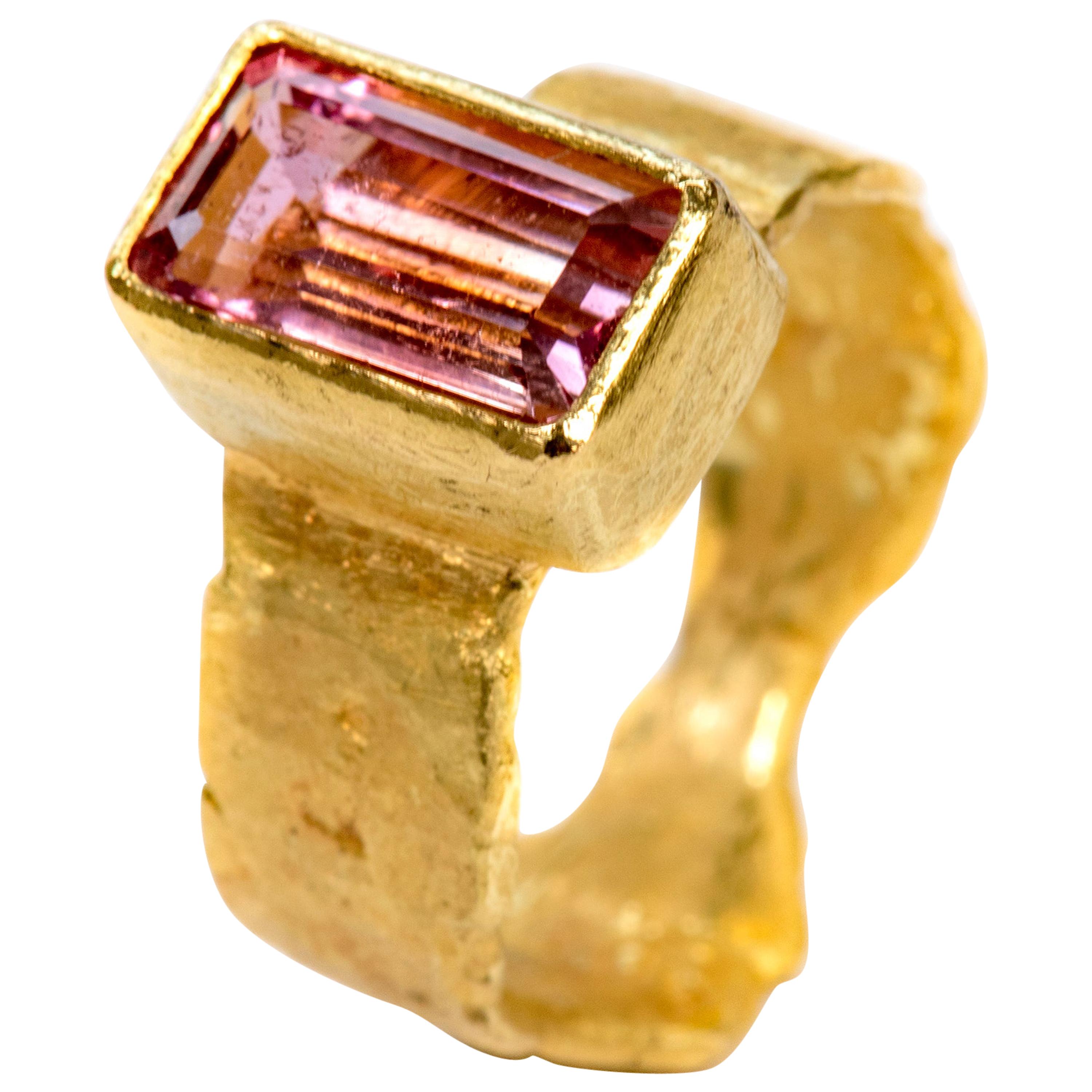 Pink Tourmaline Baguette Wide Gold Ring For Sale