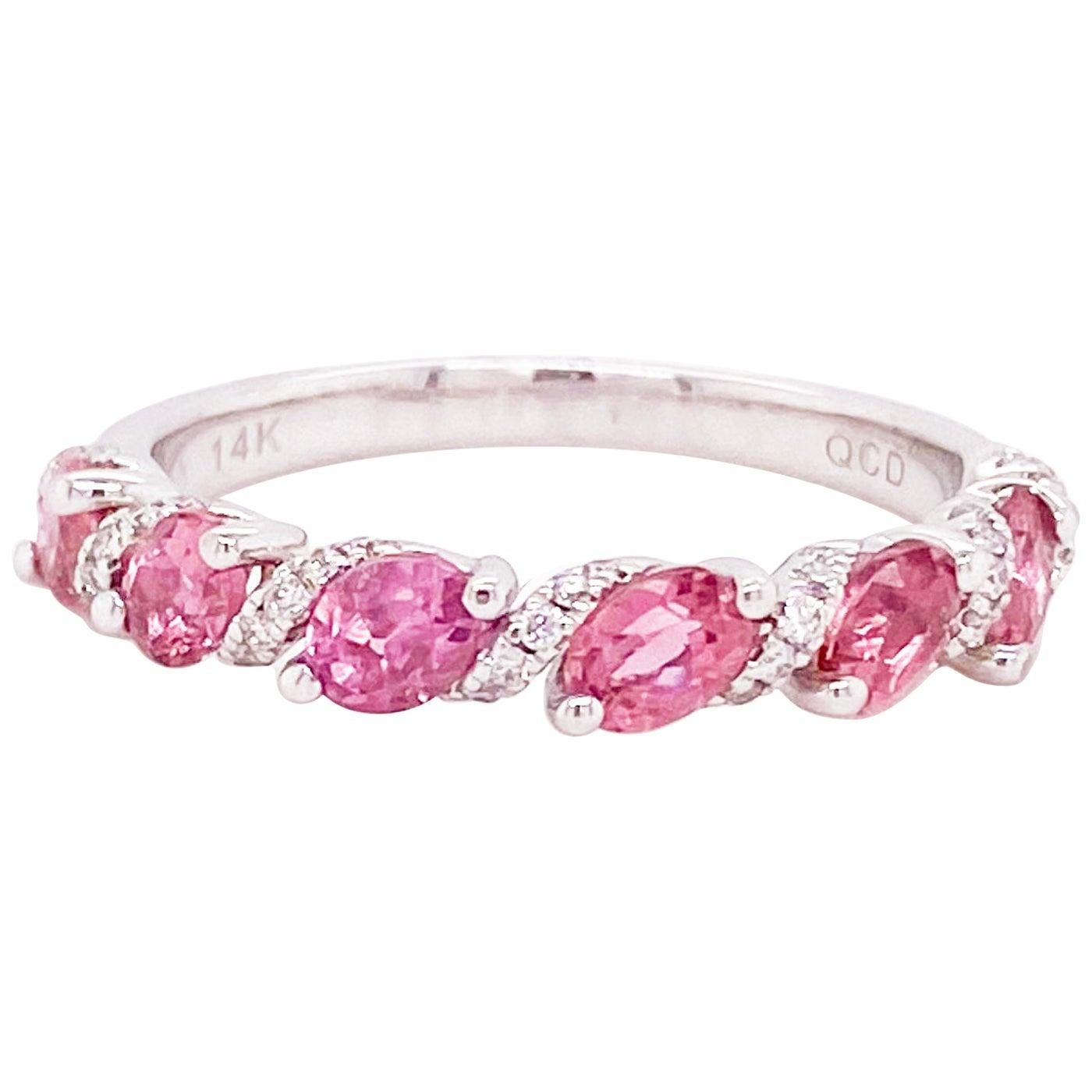 For Sale:  Pink Tourmaline Band with Diamonds in White Gold, Stackable, Pink and Diamond