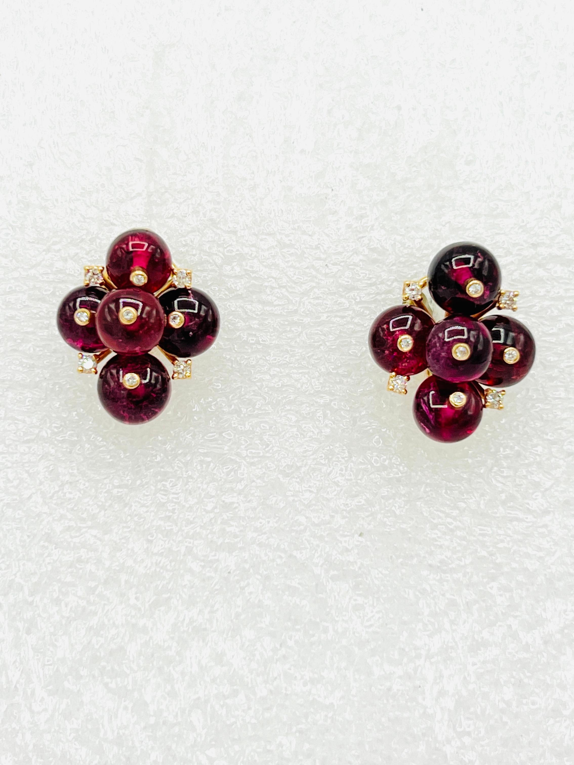  Boucles d'oreilles en or jaune 18 carats, perles de tourmaline rose et grappe de diamants Unisexe 