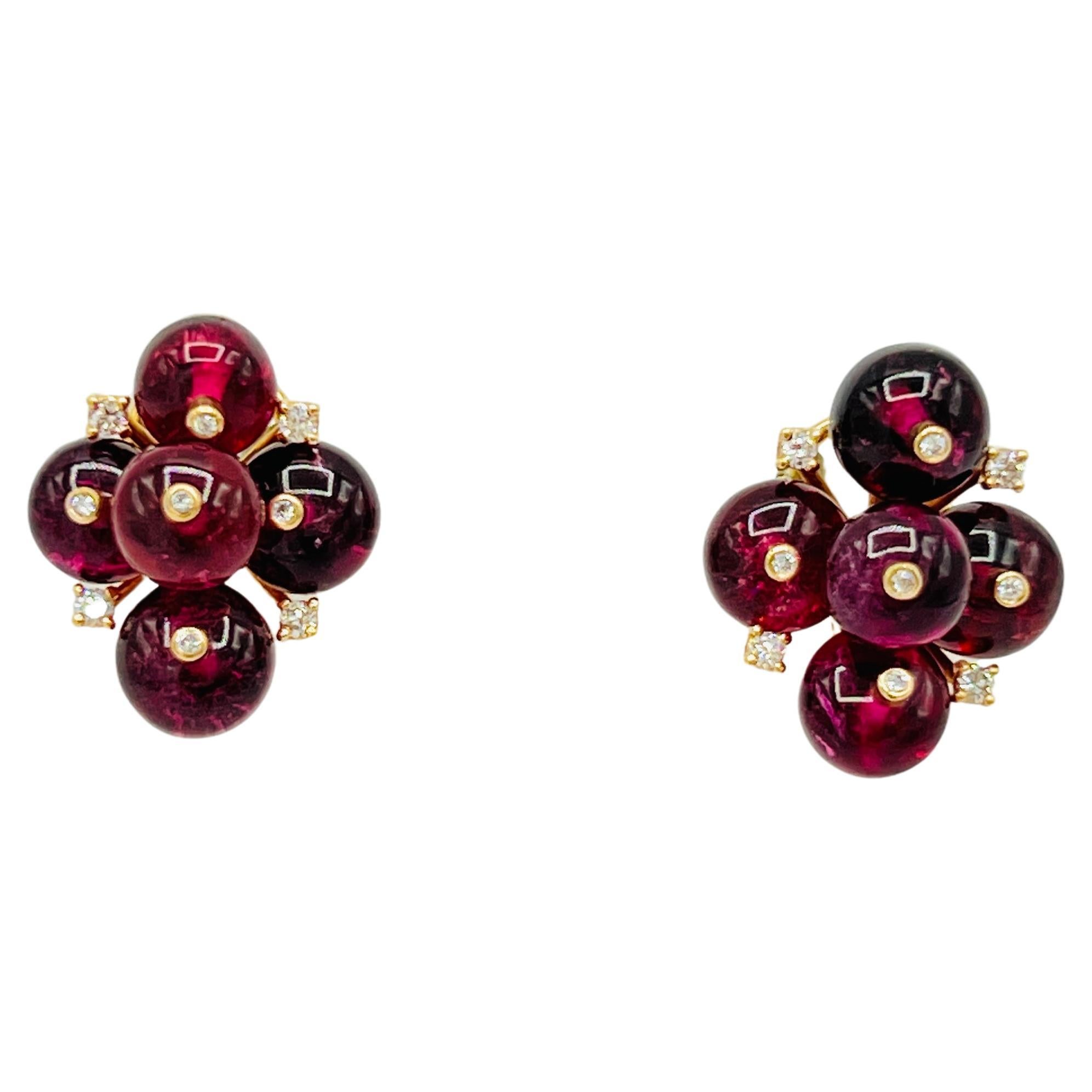 Boucles d'oreilles en or jaune 18 carats, perles de tourmaline rose et grappe de diamants