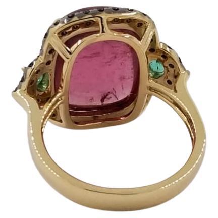 Contemporary Pink Tourmaline Black Diamonds and Emerald in 14kt Yellow Gold Cocktail Ring