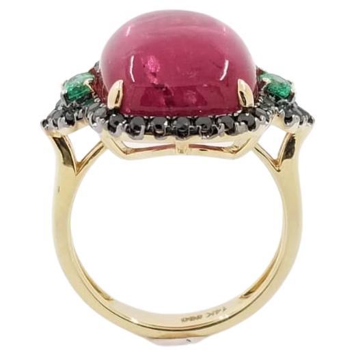 Cabochon Pink Tourmaline Black Diamonds and Emerald in 14kt Yellow Gold Cocktail Ring