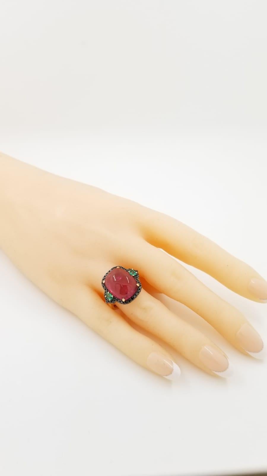 Pink Tourmaline Black Diamonds and Emerald in 14kt Yellow Gold Cocktail Ring In New Condition In Hong Kong, HK