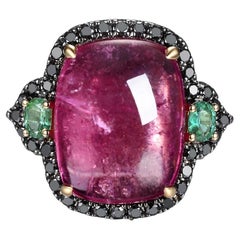 Pink Tourmaline Black Diamonds and Emerald in 14kt Yellow Gold Cocktail Ring