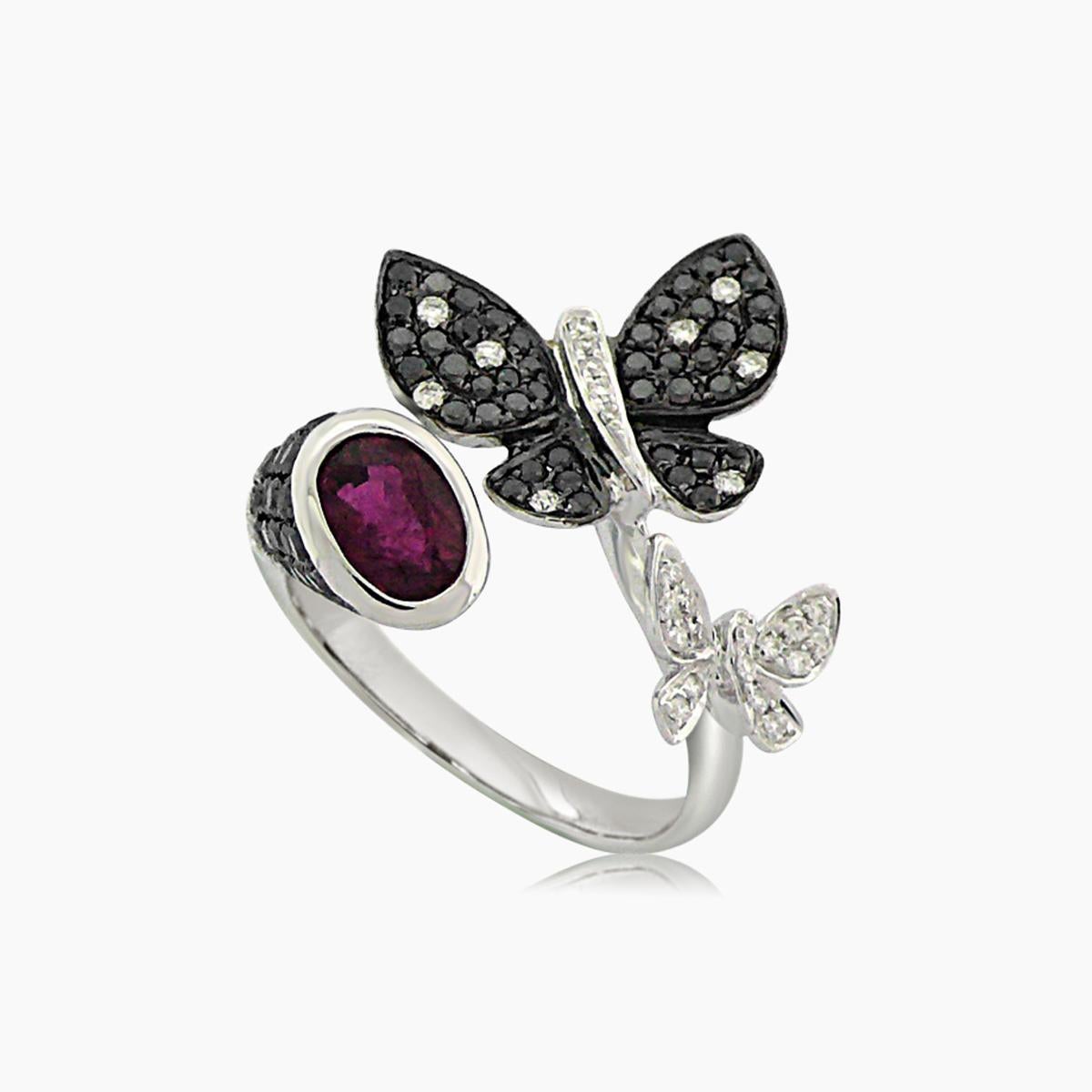 Pink Tourmaline & Black Diamonds Butterfly Sweet 18K White Gold Ring In New Condition For Sale In Oakton, VA