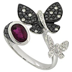 Pink Tourmaline & Black Diamonds Butterfly Sweet 18K White Gold Ring