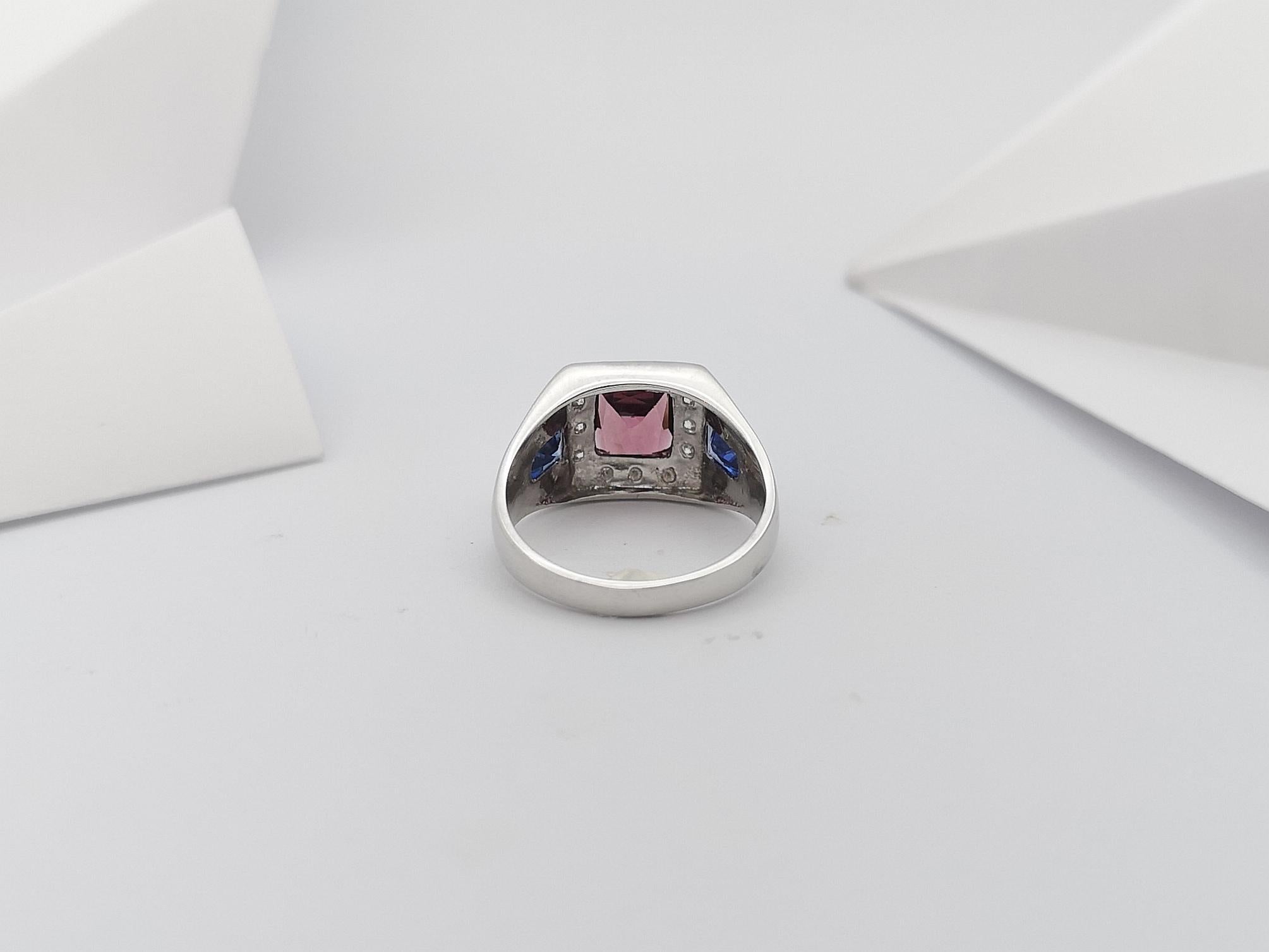 Pink Tourmaline, Blue Sapphire and Diamond Ring in 18 Karat White Gold Settings For Sale 1