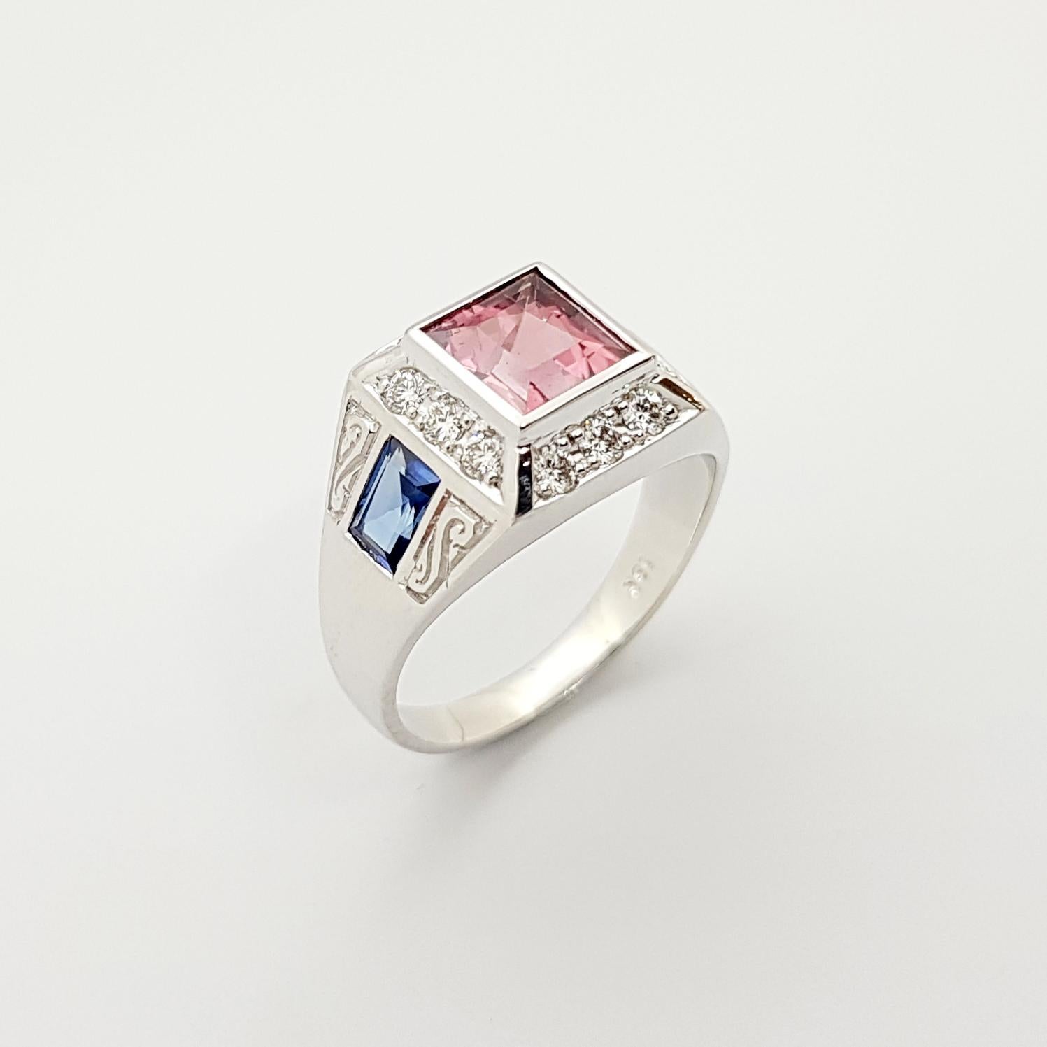Pink Tourmaline, Blue Sapphire and Diamond Ring in 18 Karat White Gold Settings For Sale 2