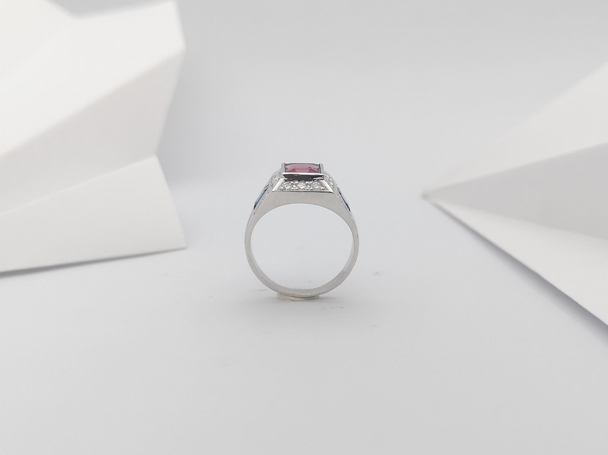Pink Tourmaline, Blue Sapphire and Diamond Ring in 18 Karat White Gold Settings For Sale 3