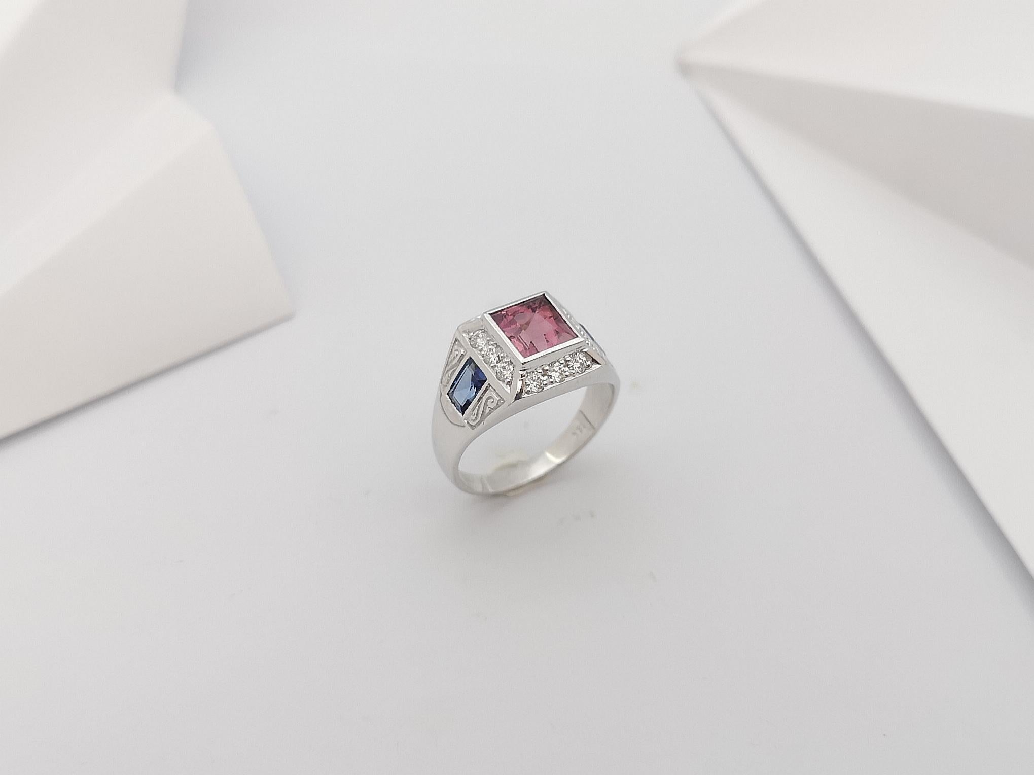Pink Tourmaline, Blue Sapphire and Diamond Ring in 18 Karat White Gold Settings For Sale 4