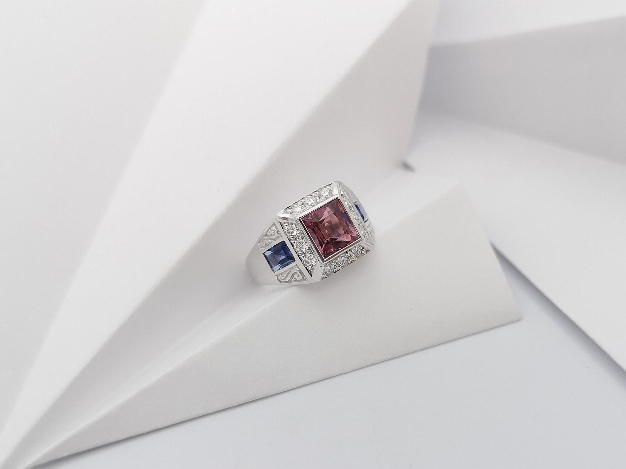 Pink Tourmaline, Blue Sapphire and Diamond Ring in 18 Karat White Gold Settings For Sale 6