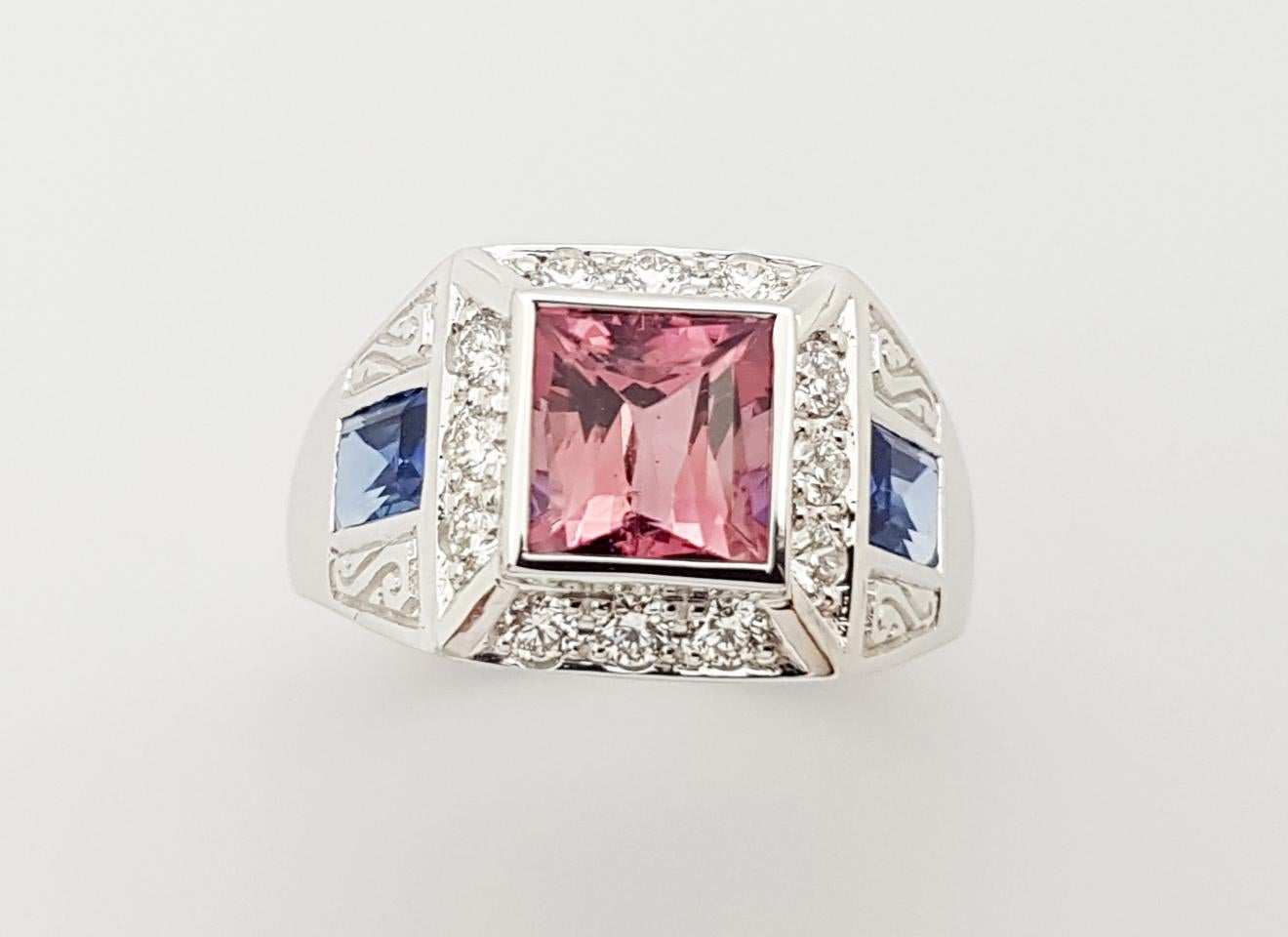 Pink Tourmaline, Blue Sapphire and Diamond Ring in 18 Karat White Gold Settings For Sale 7