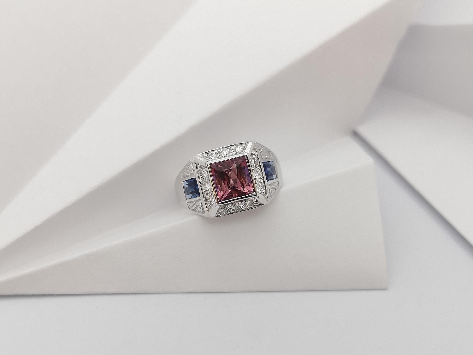 Pink Tourmaline, Blue Sapphire and Diamond Ring in 18 Karat White Gold Settings For Sale 8