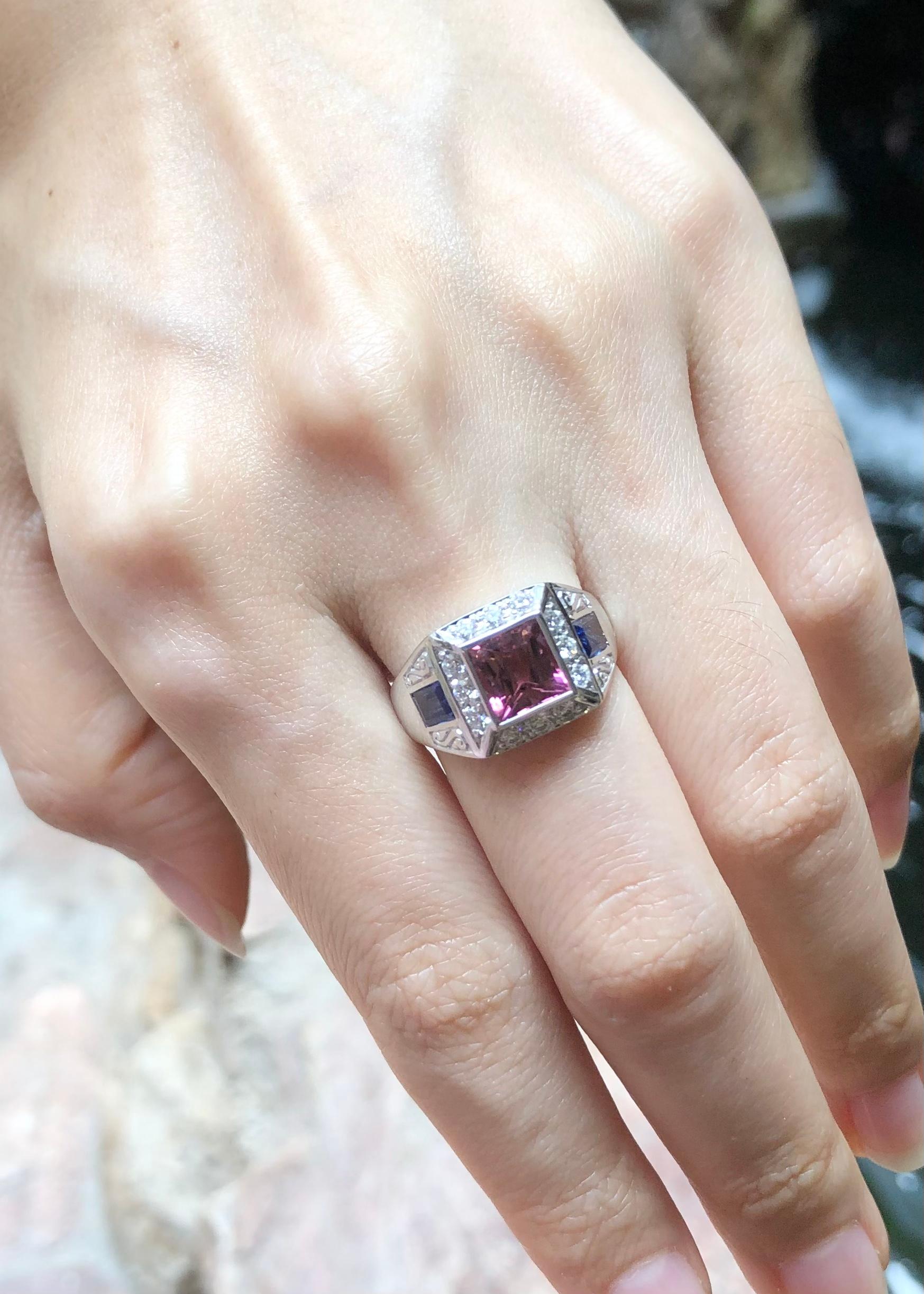 Mixed Cut Pink Tourmaline, Blue Sapphire and Diamond Ring in 18 Karat White Gold Settings For Sale