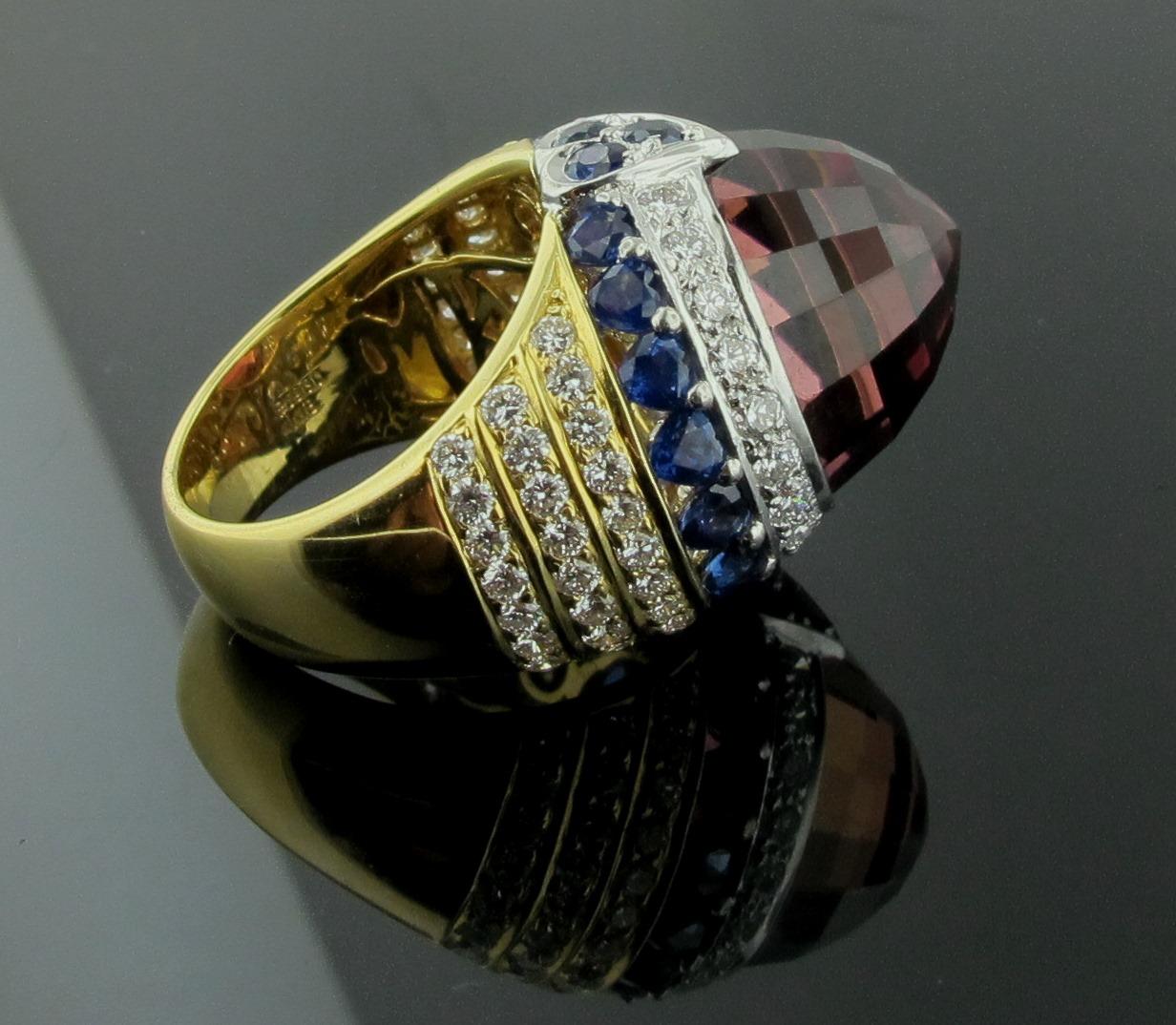 Round Cut Pink Tourmaline, Blue Sapphire and Diamond Ring in Yellow Gold and Platinum For Sale