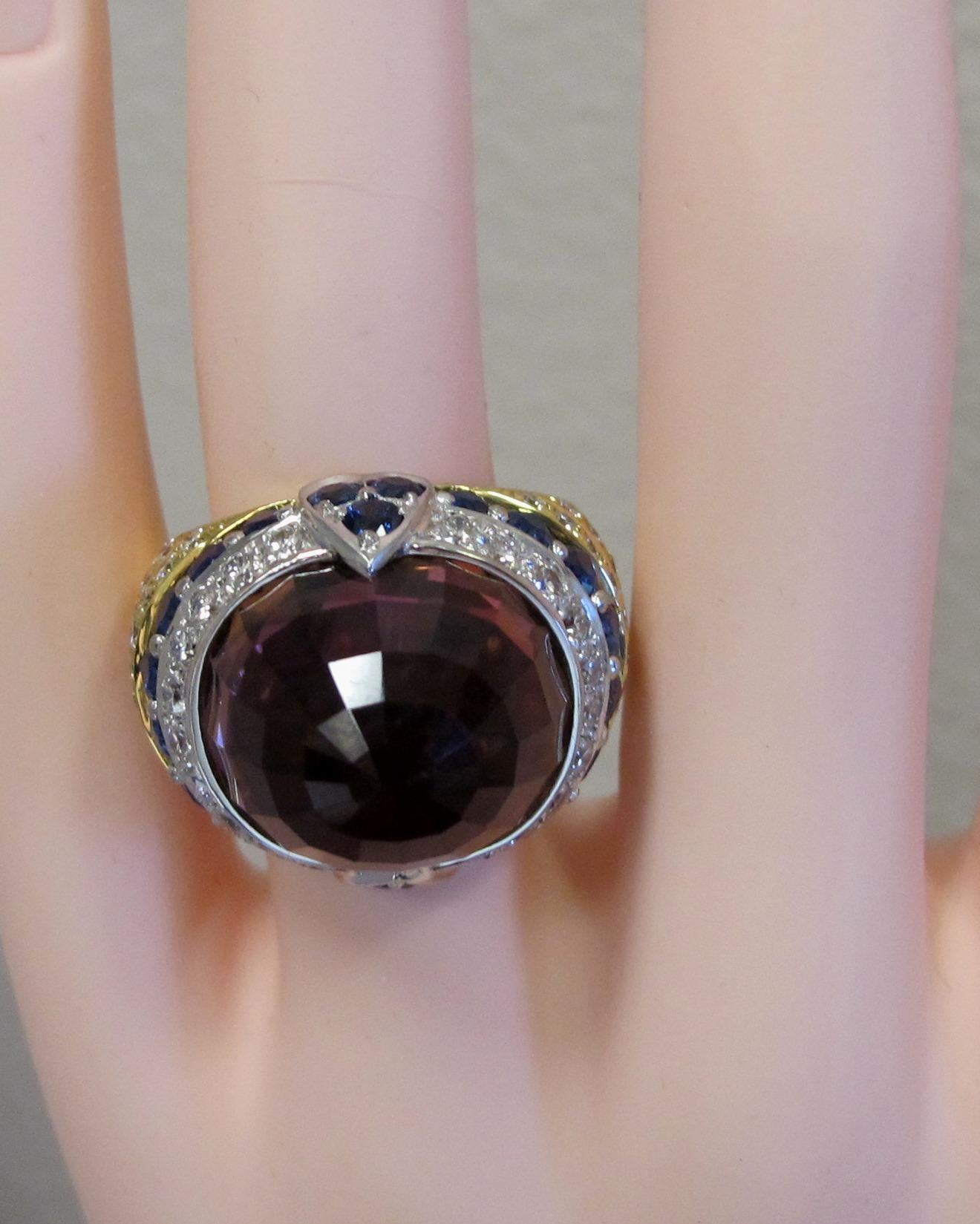Pink Tourmaline, Blue Sapphire and Diamond Ring in Yellow Gold and Platinum In Excellent Condition For Sale In Palm Desert, CA