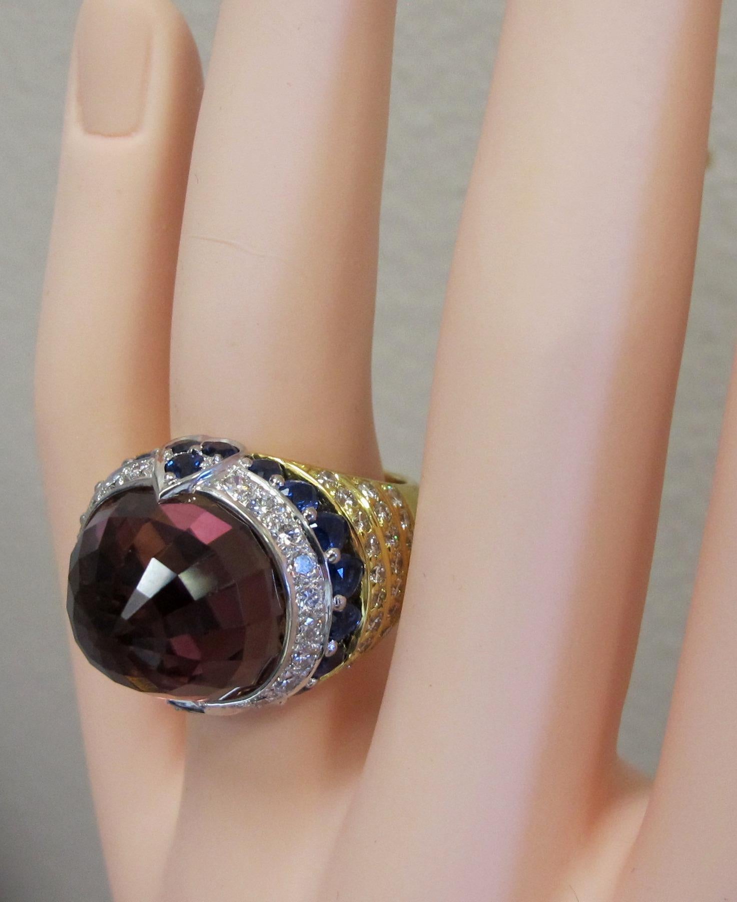 Women's or Men's Pink Tourmaline, Blue Sapphire and Diamond Ring in Yellow Gold and Platinum For Sale