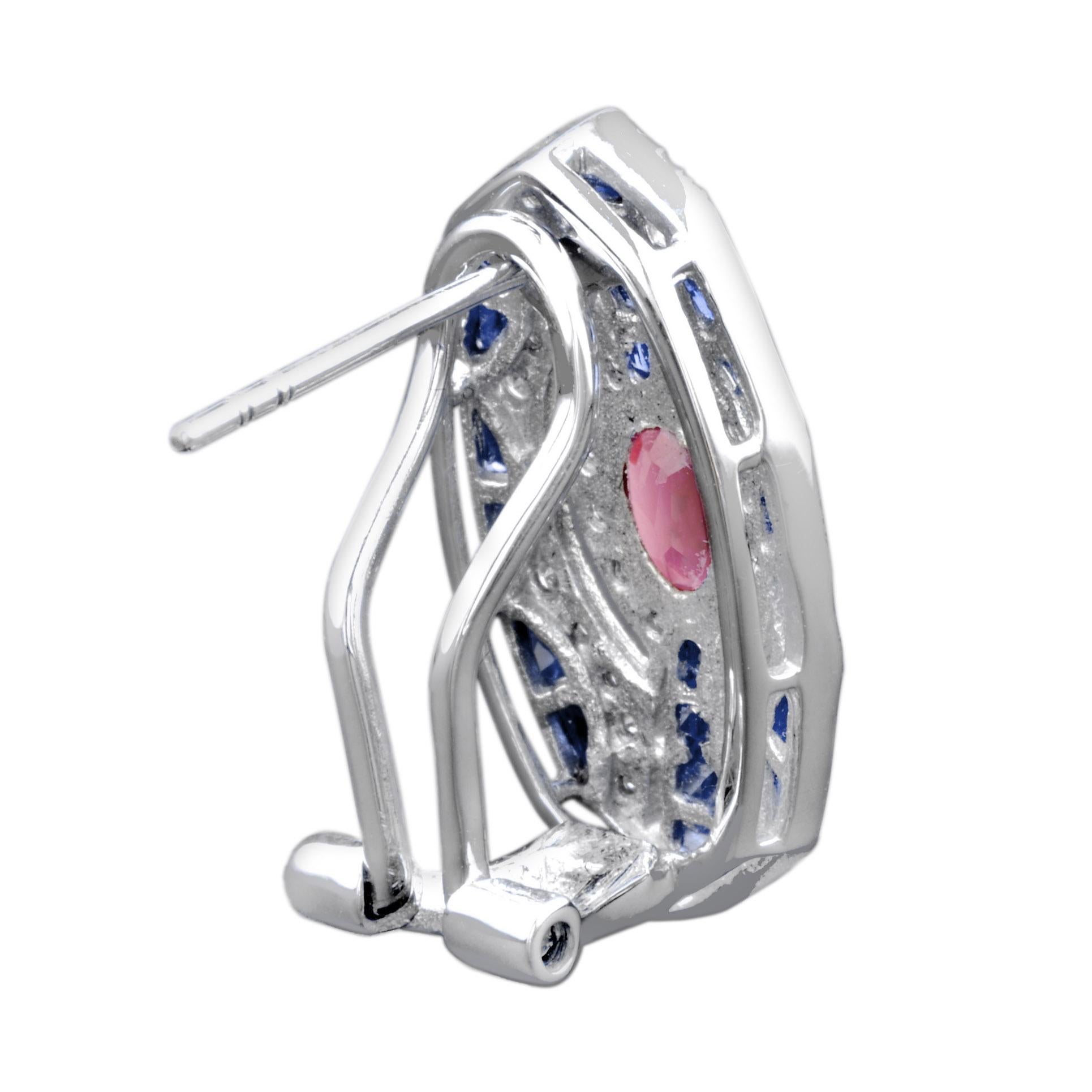 Rosa Turmalin, blauer Saphir und Diamanten Omega-Weißgold-Ohrringe (Art déco) im Angebot