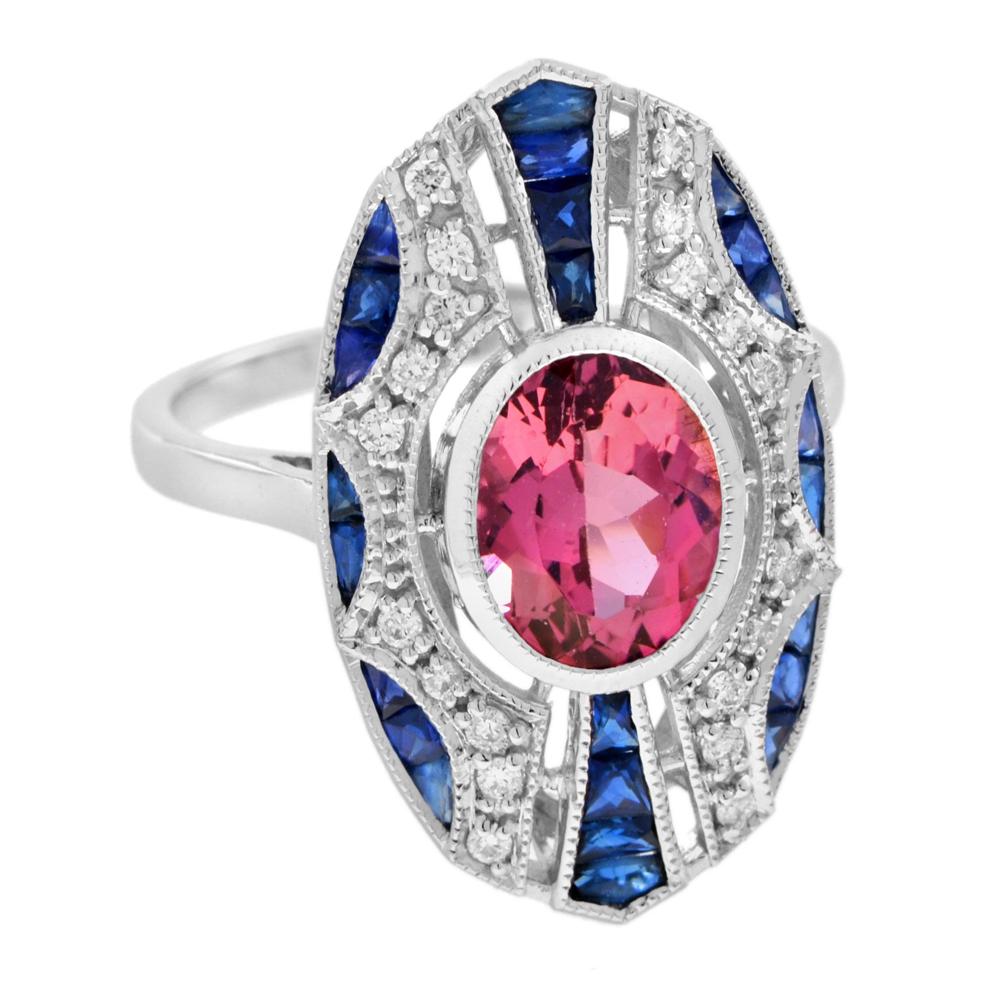 Oval Cut Pink Tourmaline Blue Sapphire Diamond Art Deco Style Dinner Ring in White Gold For Sale