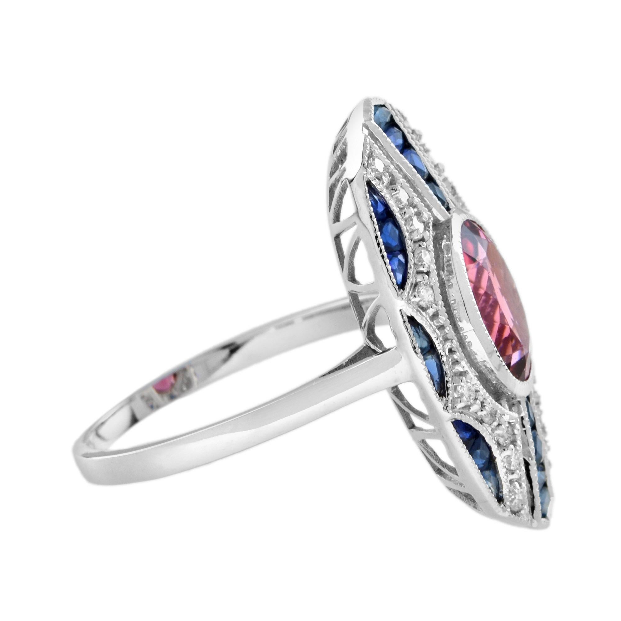 Pink Tourmaline Blue Sapphire Diamond Art Deco Style Dinner Ring in White Gold In New Condition For Sale In Bangkok, TH